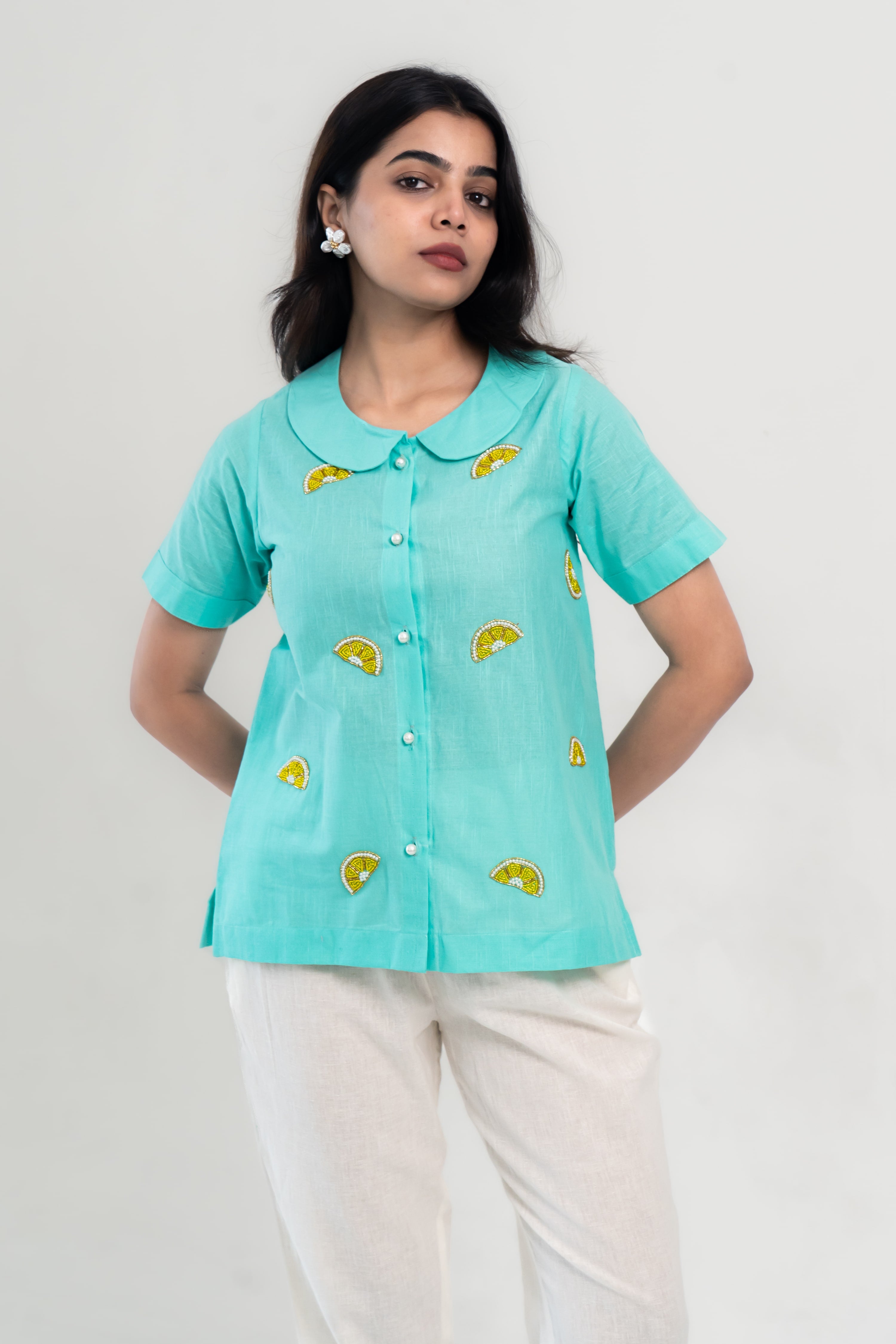 Turquoise Cotton Linen Shirt with Lemon Embroidery