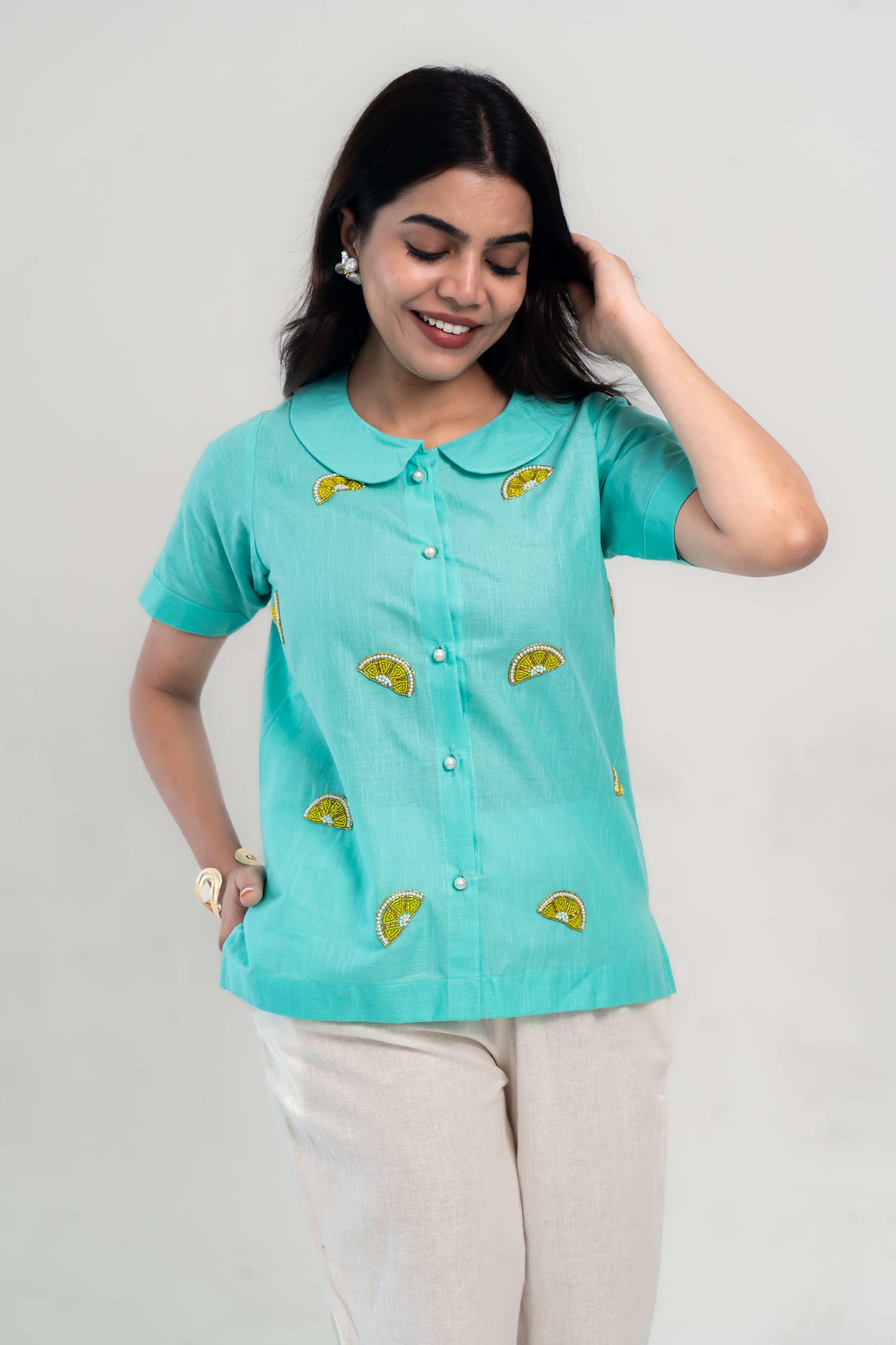 Turquoise Cotton Linen Shirt with Lemon Embroidery