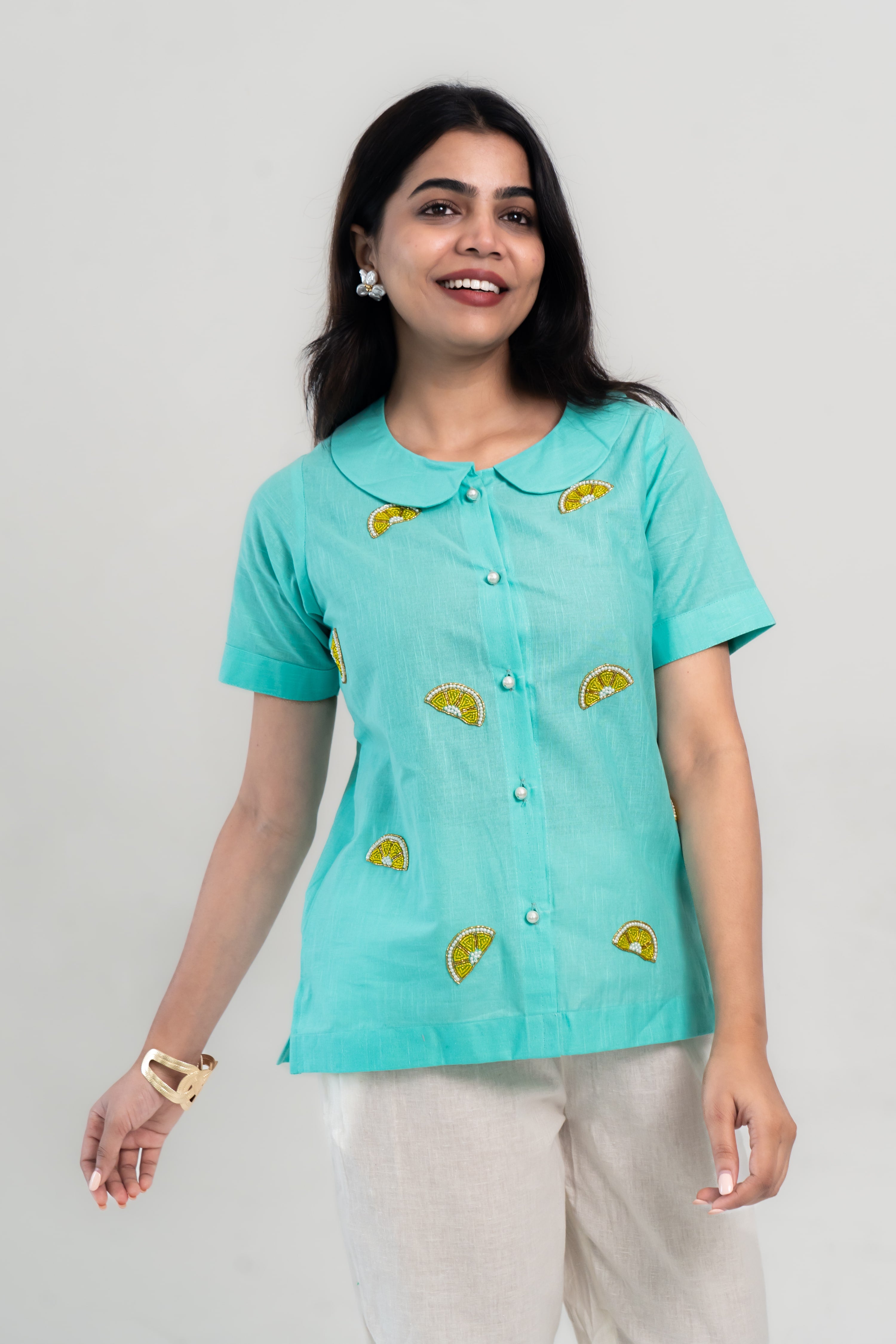 Turquoise Cotton Linen Shirt with Lemon Embroidery