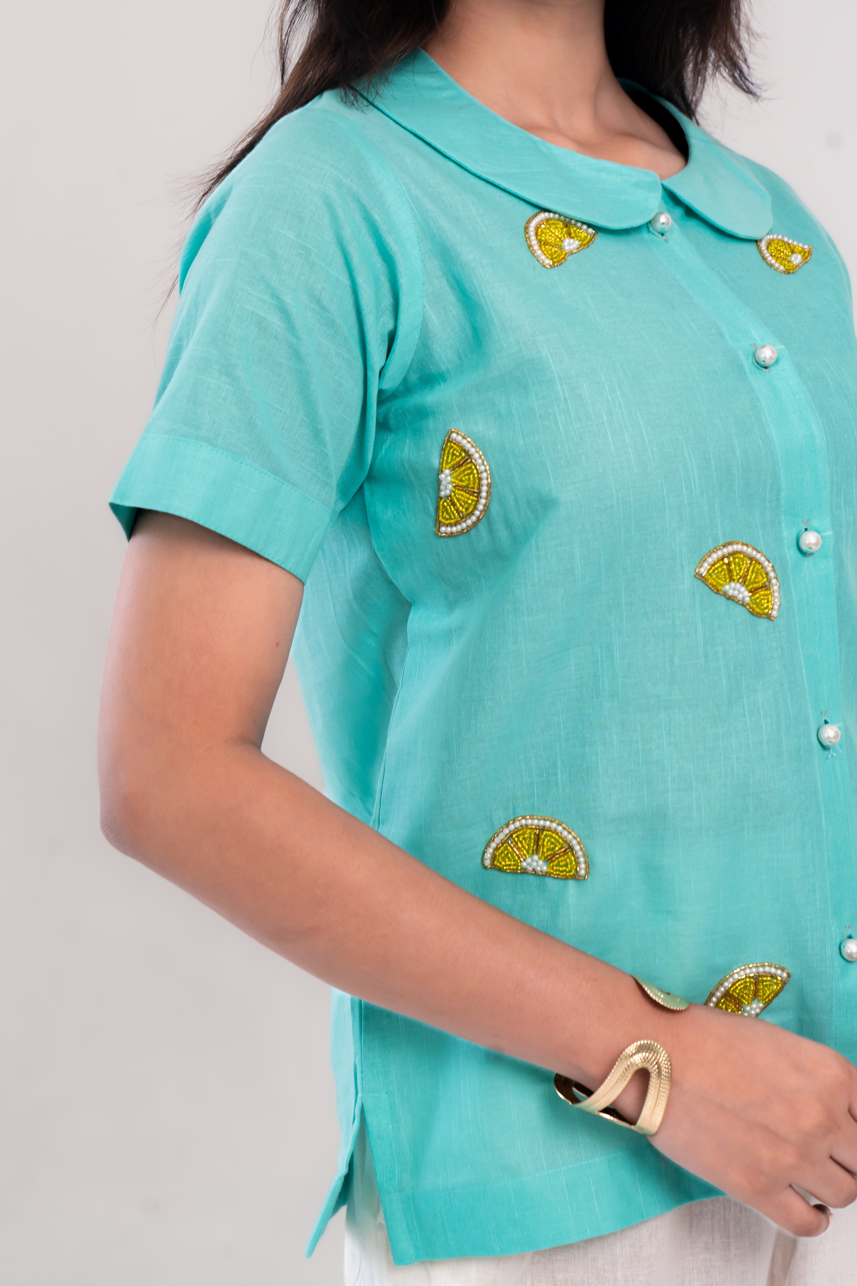 Turquoise Cotton Linen Shirt with Lemon Embroidery