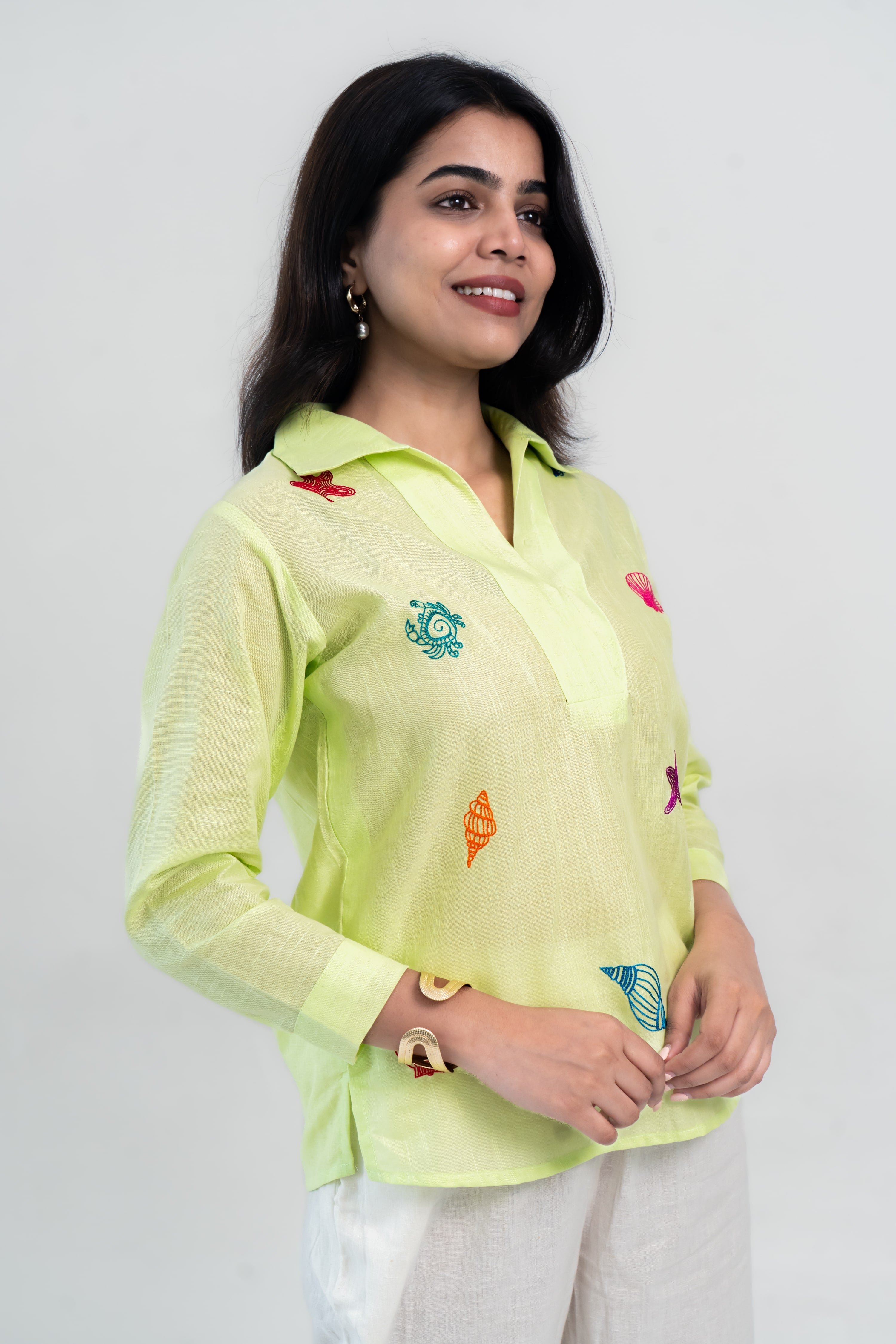 Green Cotton Linen Shirt with Seashell Thread Embroidery