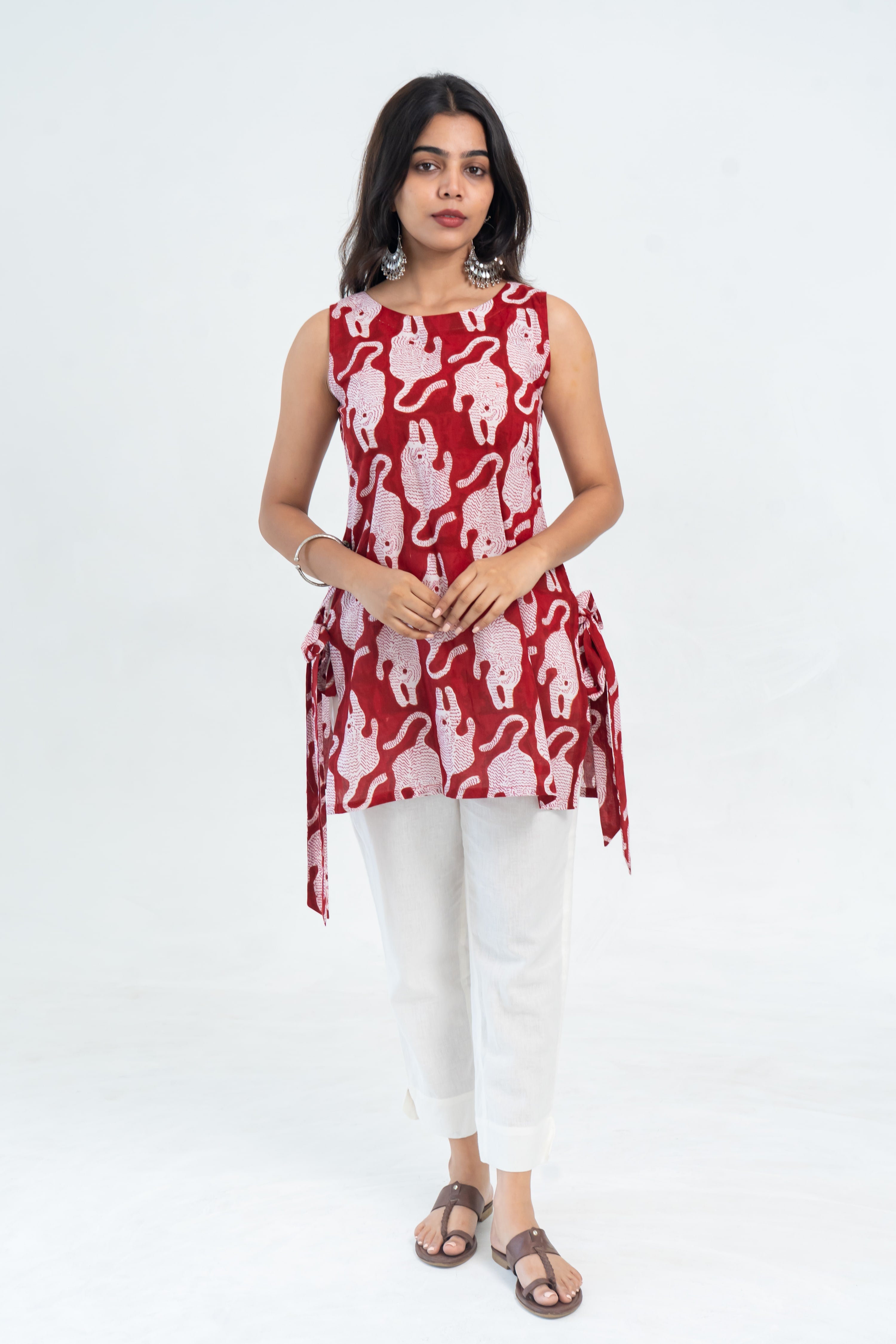 Red Tiger Print Cotton Short Kurti (Top Only)