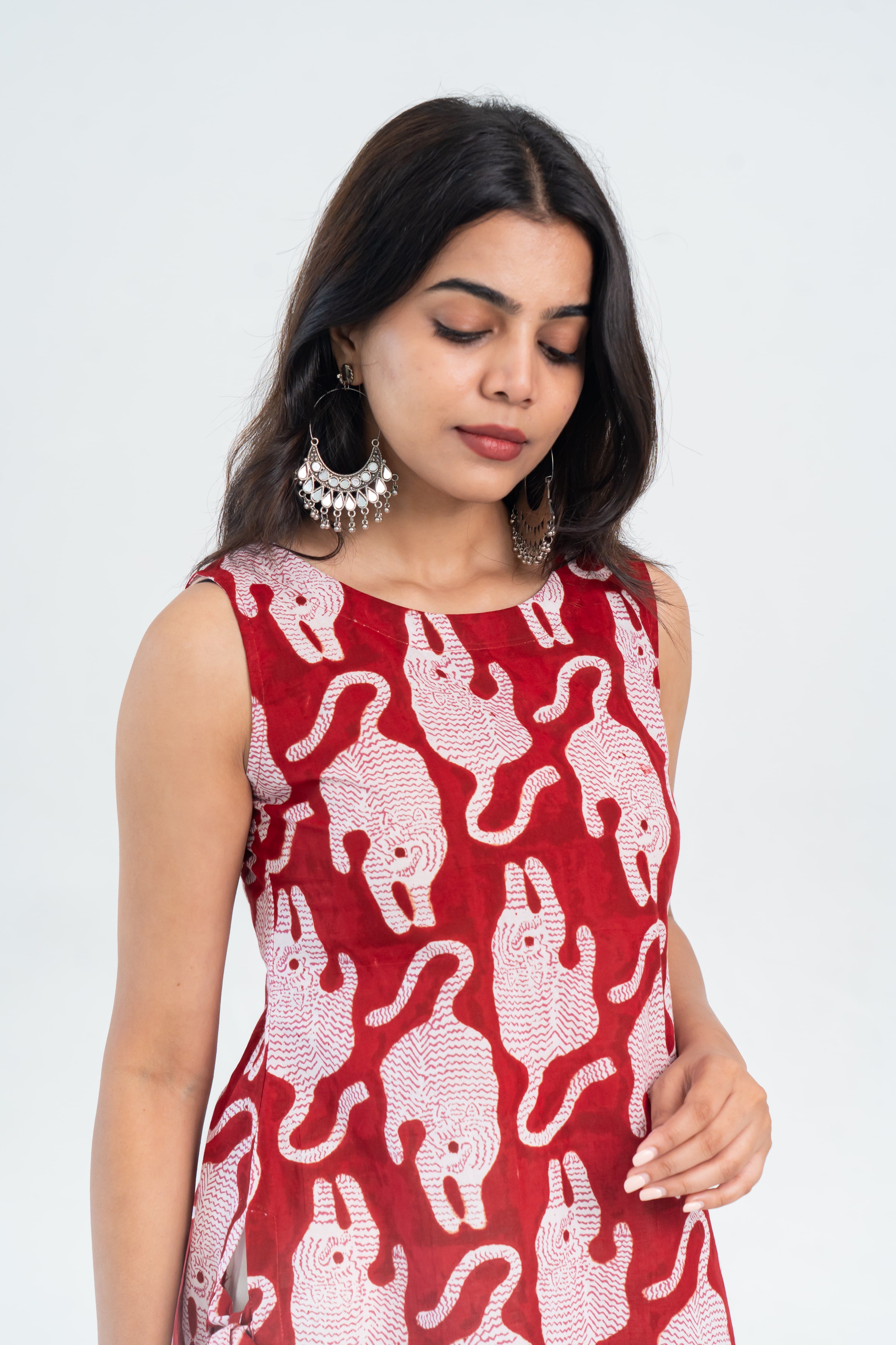 Red Tiger Print Cotton Short Kurti (Top Only)
