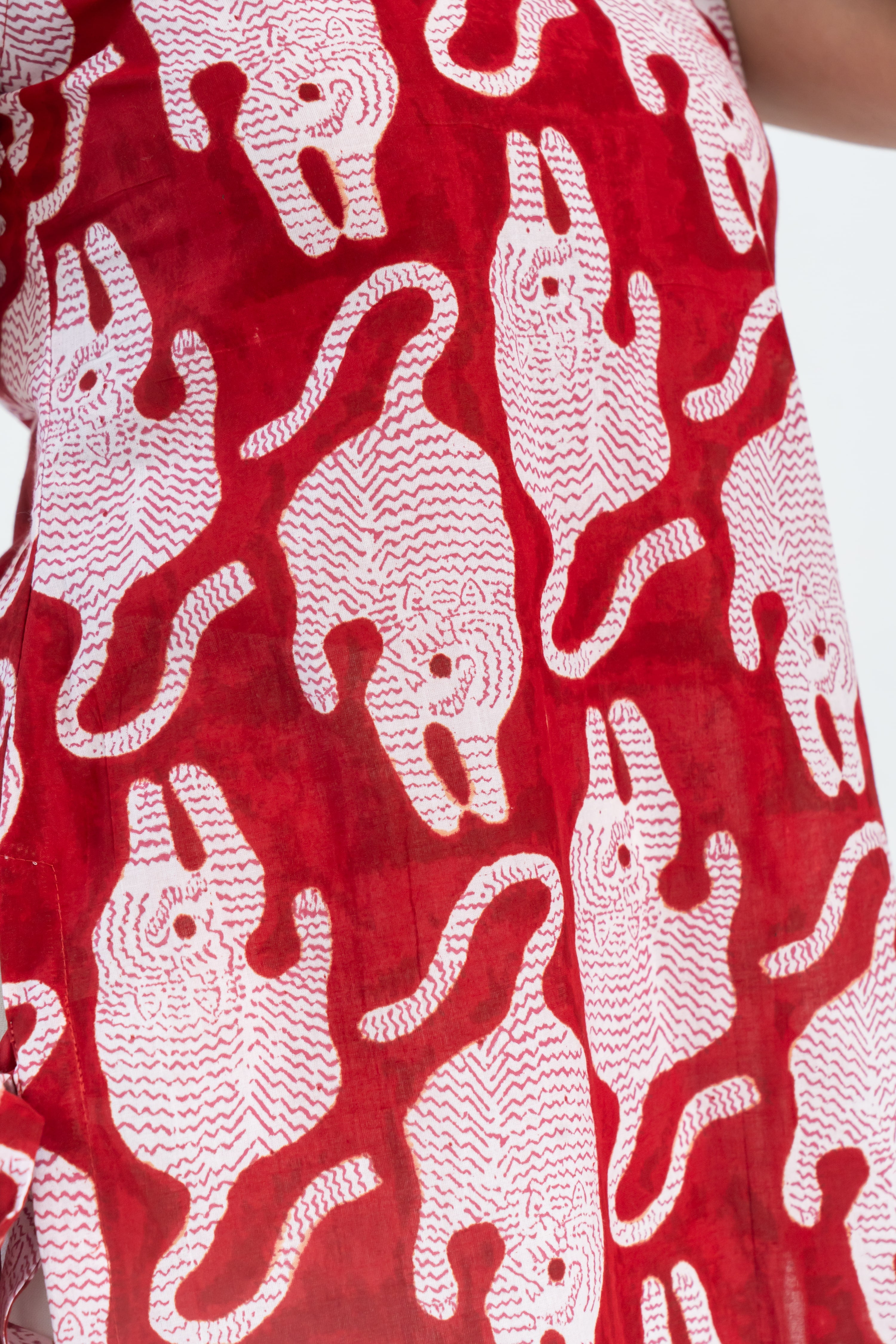 Red Tiger Print Cotton Short Kurti (Top Only)
