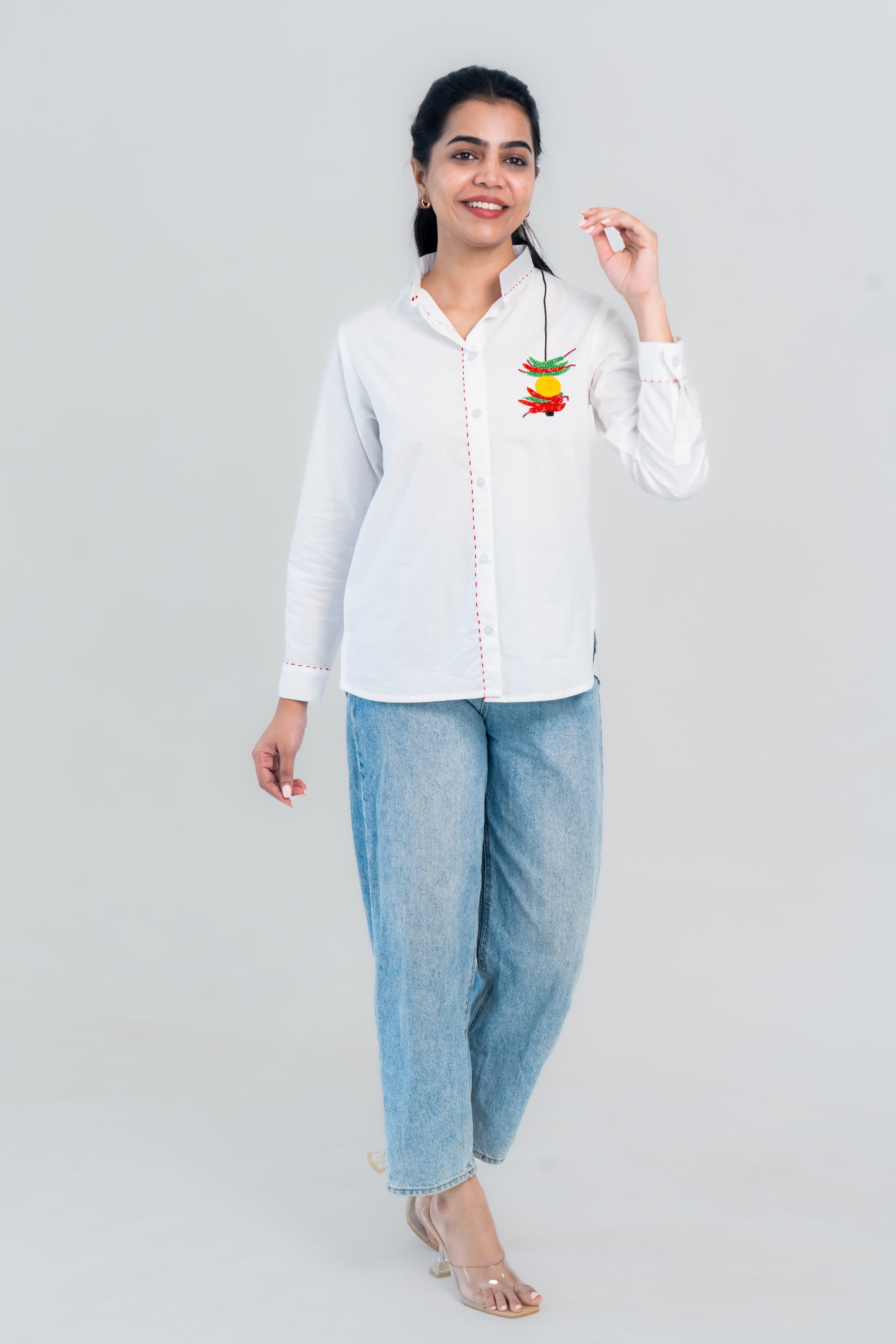 White Cotton Shirt with Chilli Embroidery