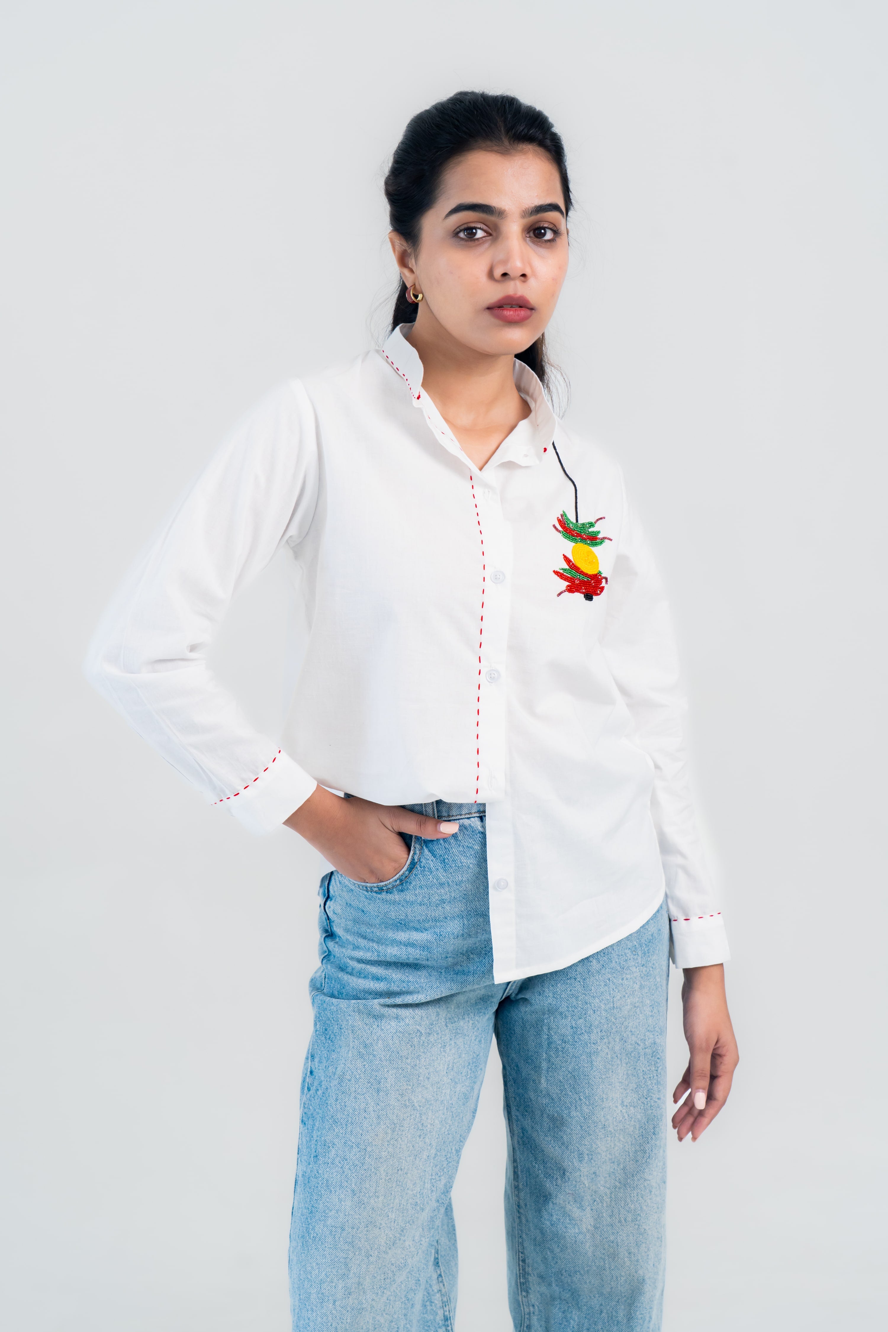 White Cotton Shirt with Chilli Embroidery