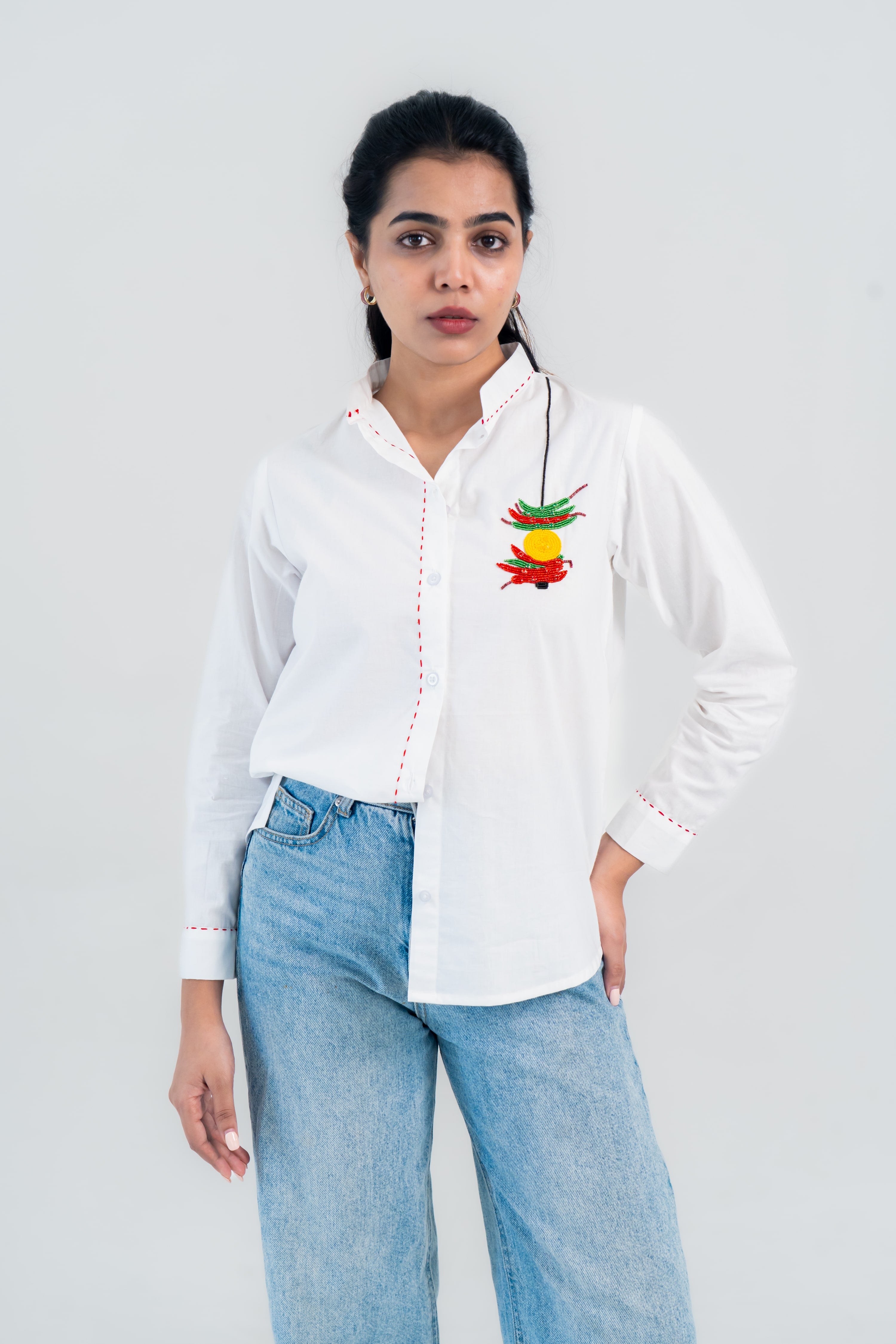 White Cotton Shirt with Chilli Embroidery