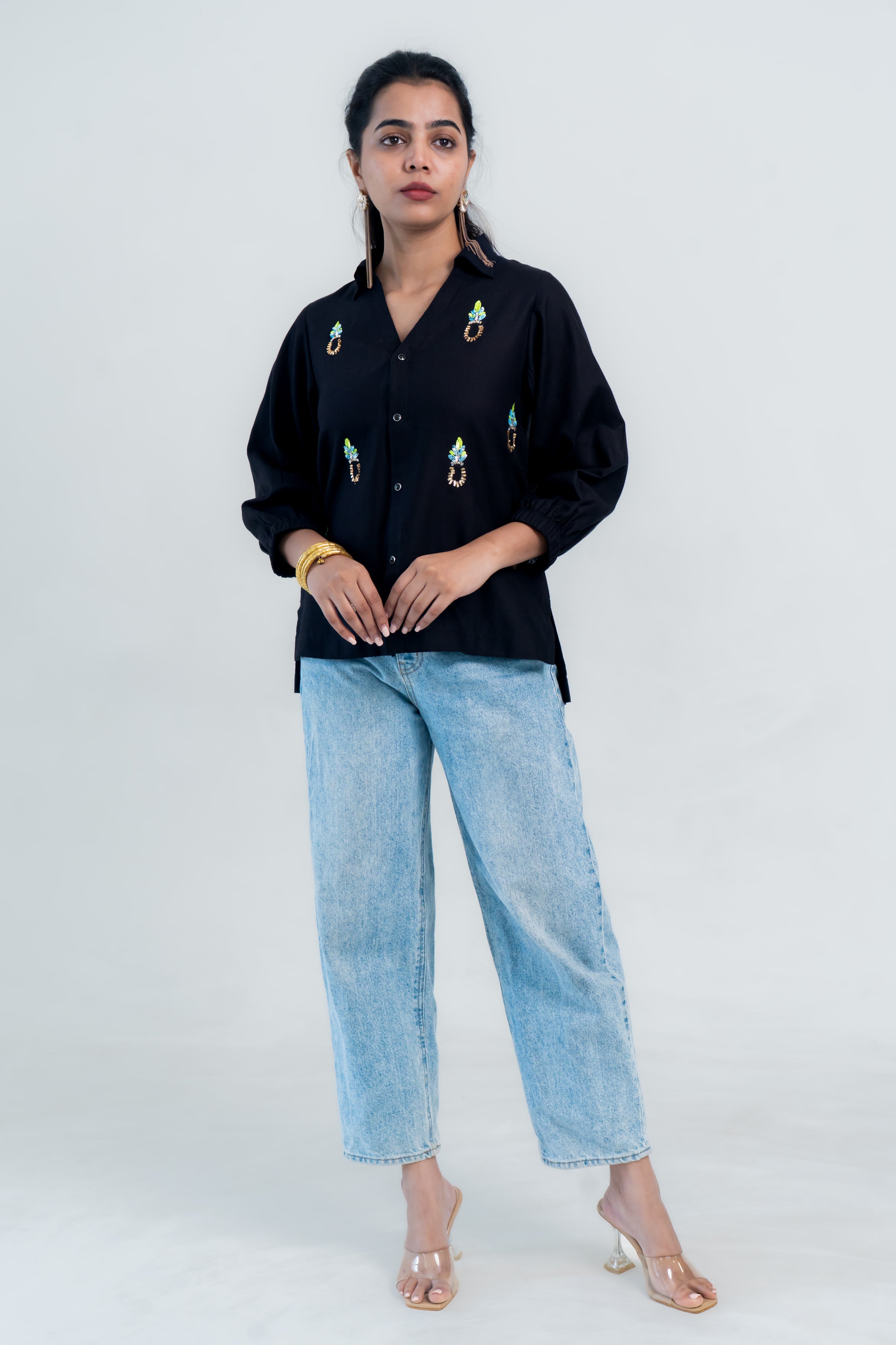 Black Cotton Shirt with Pineapple Embroidery
