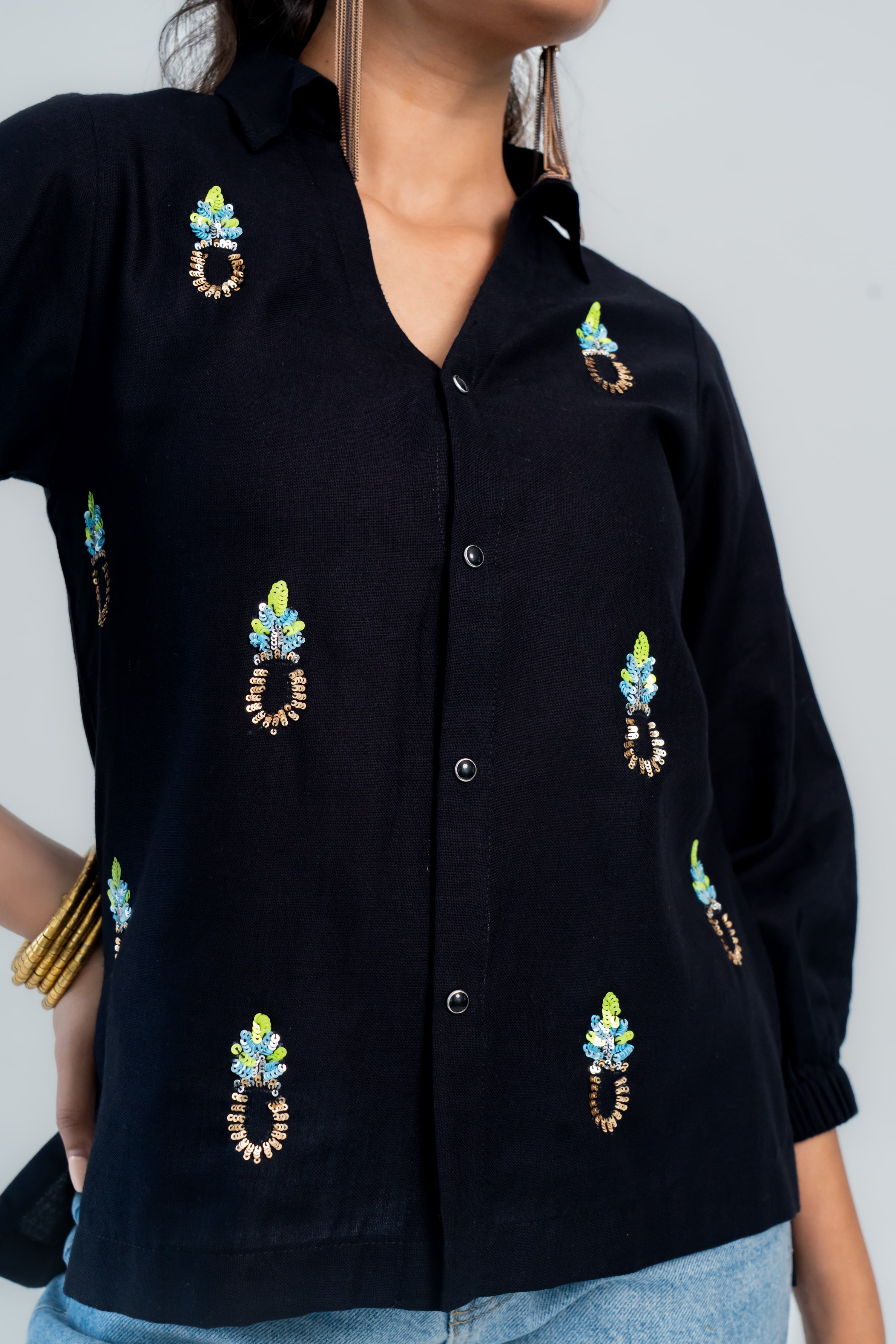 Black Cotton Shirt with Pineapple Embroidery