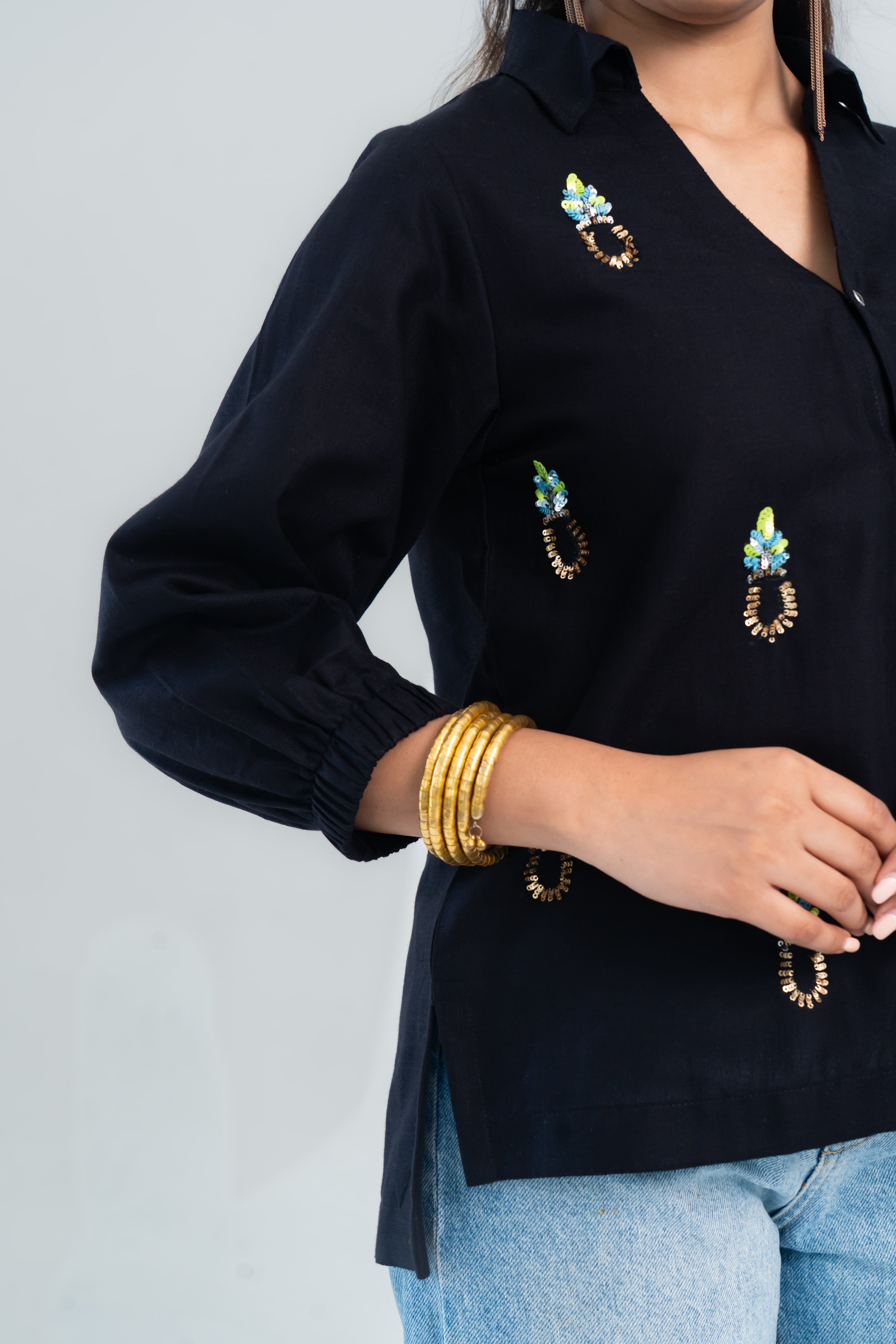Black Cotton Shirt with Pineapple Embroidery