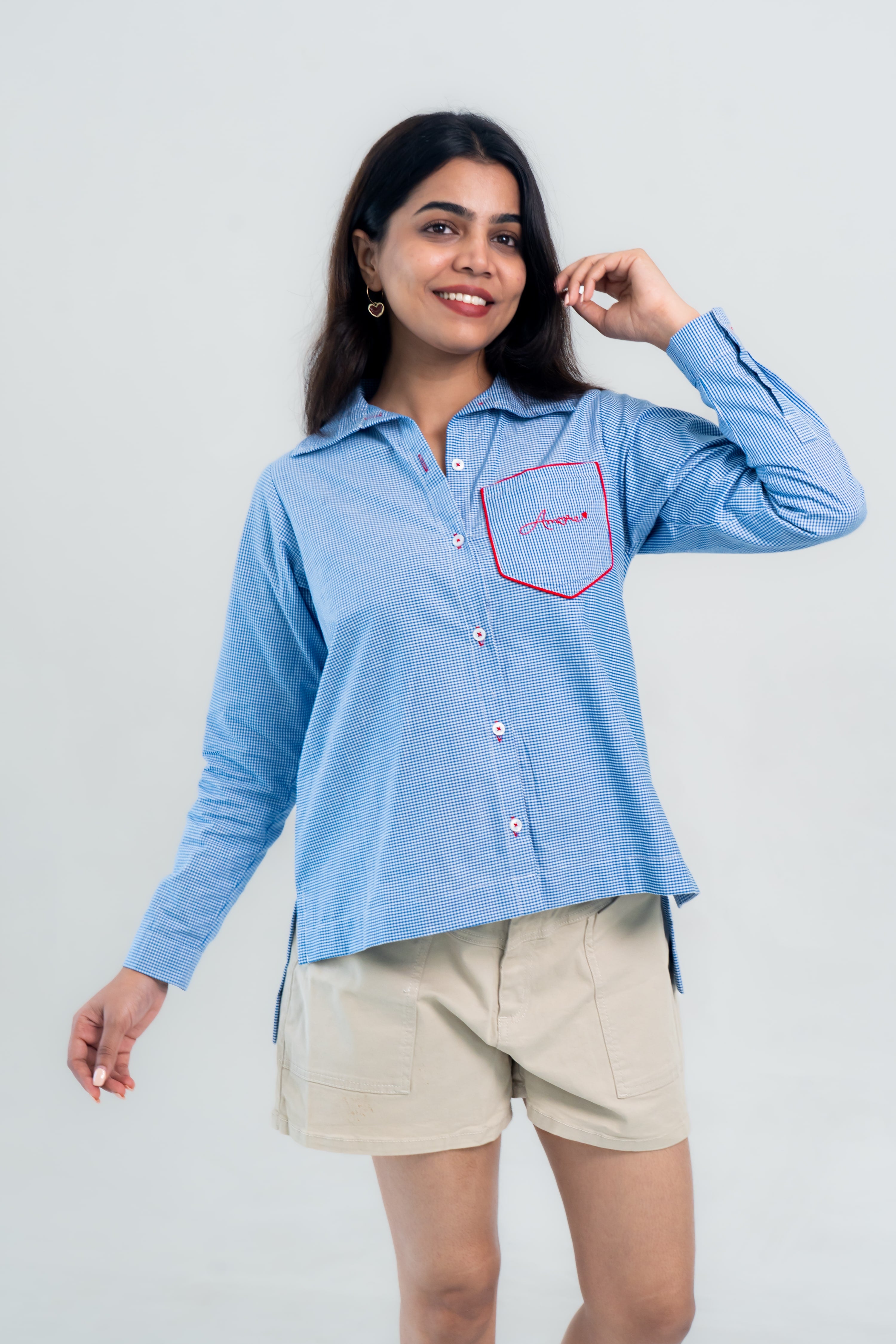 Blue Checked Cotton Shirt with Heart Embroidery