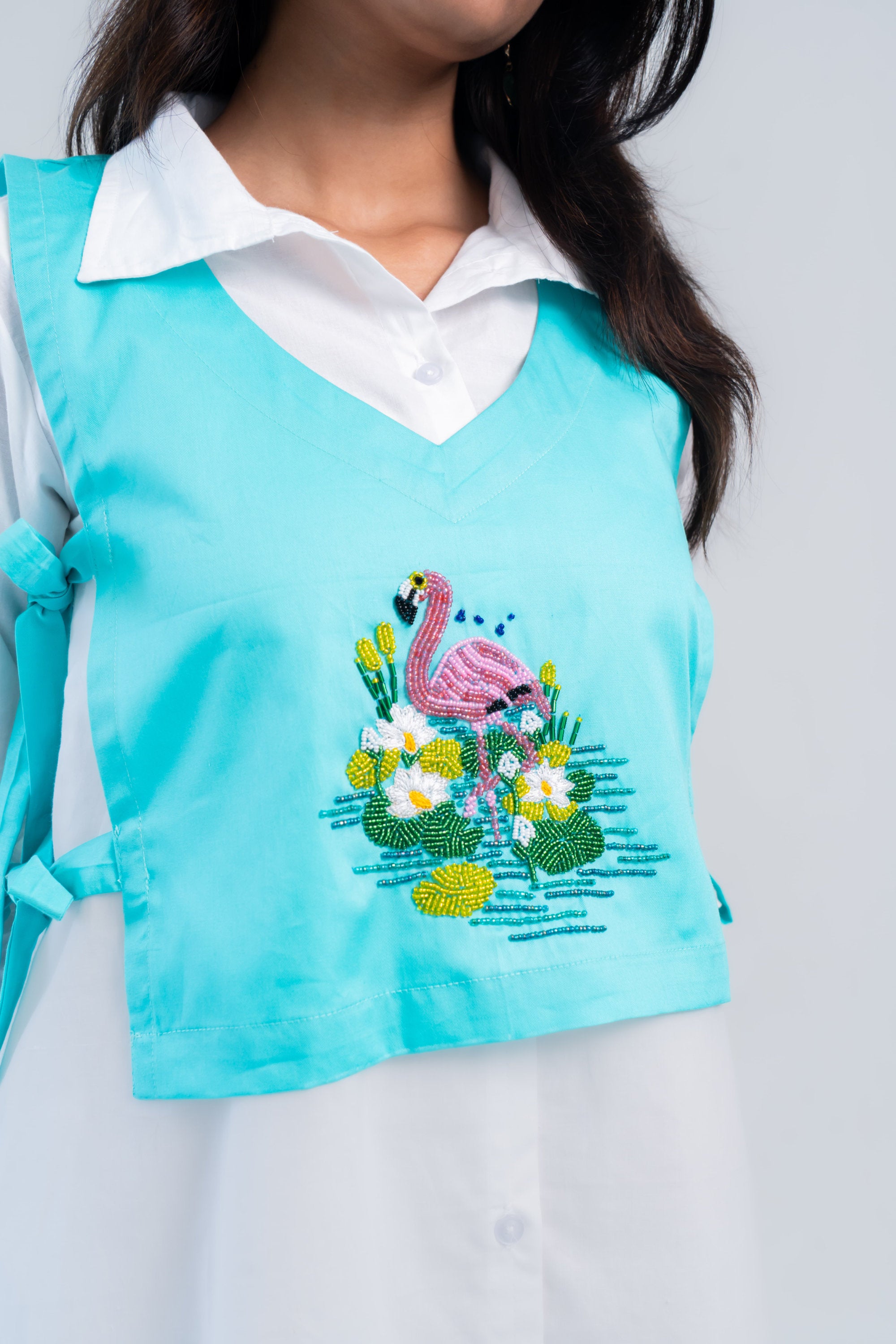 Flamingo Embroidered Tie-Up Vest