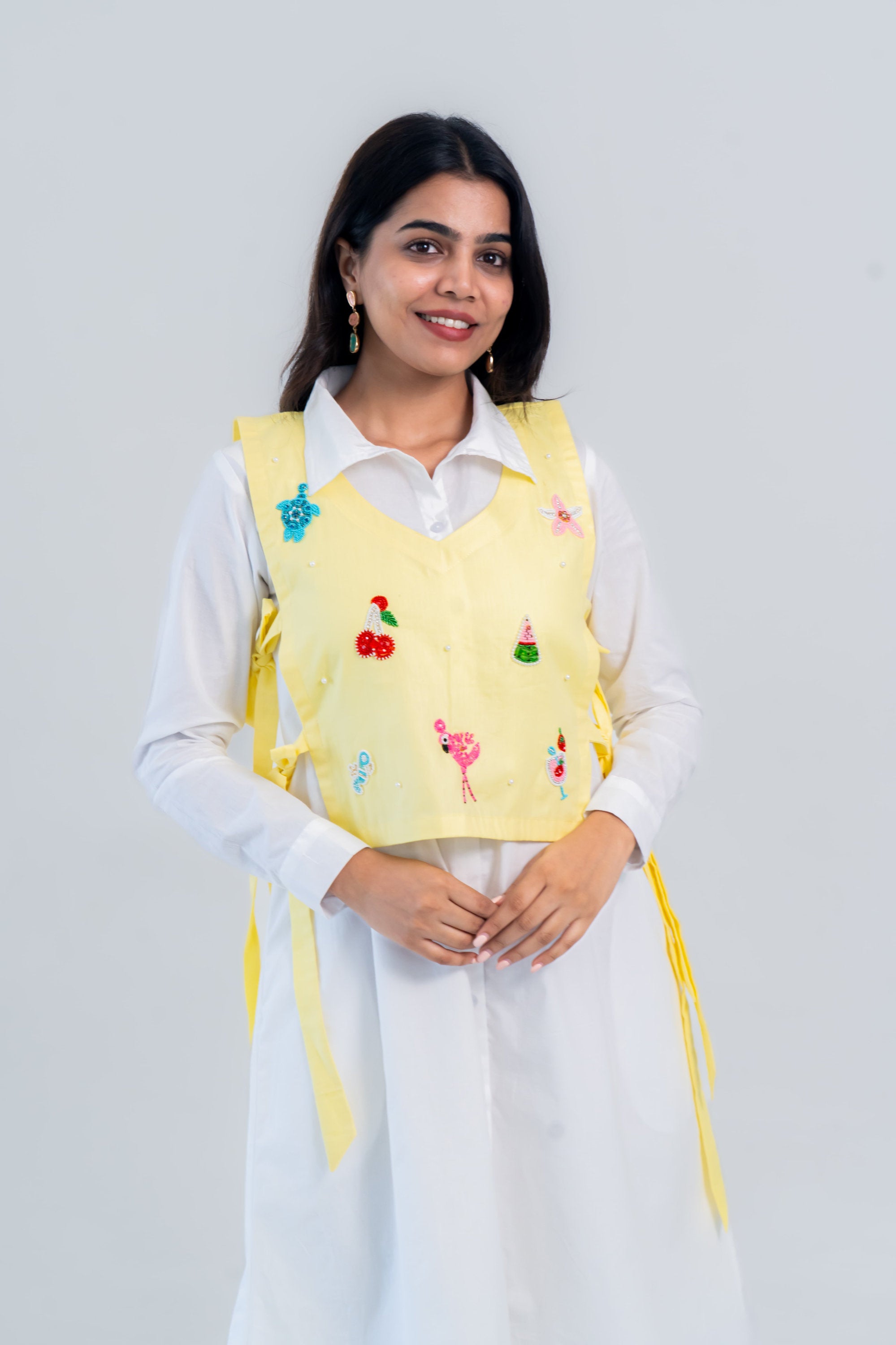 Yellow Embroidered Tie-Up Vest