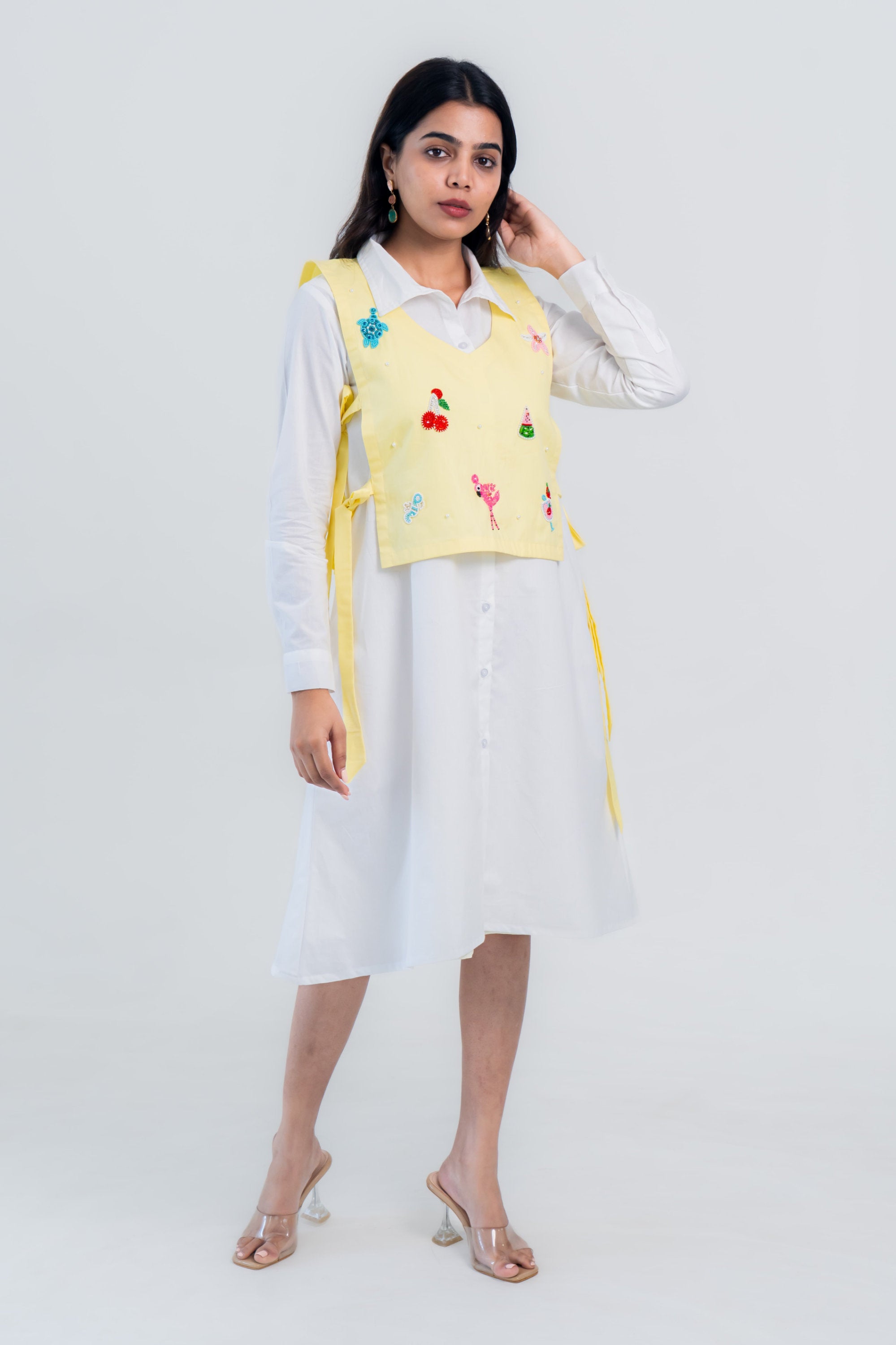 Yellow Embroidered Tie-Up Vest