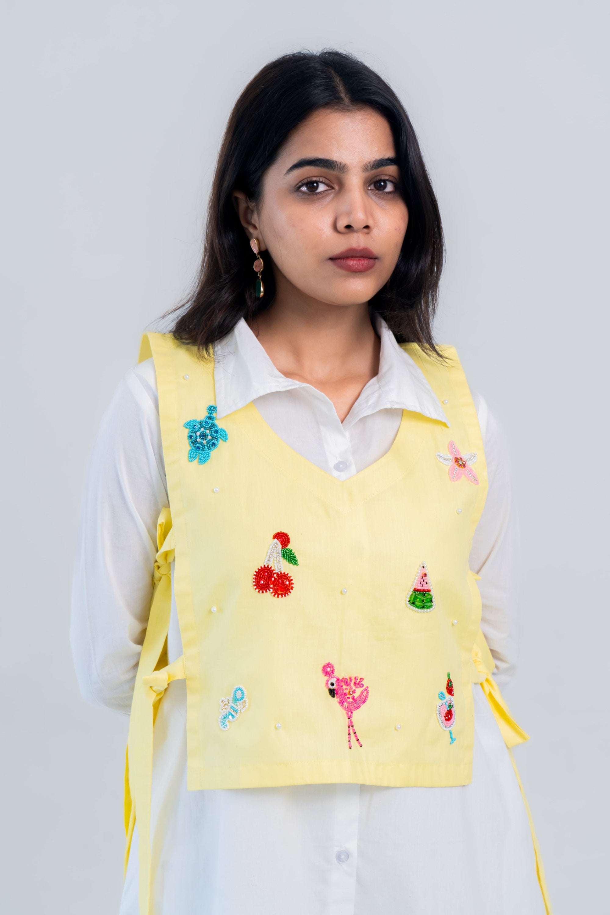 Yellow Embroidered Tie-Up Vest