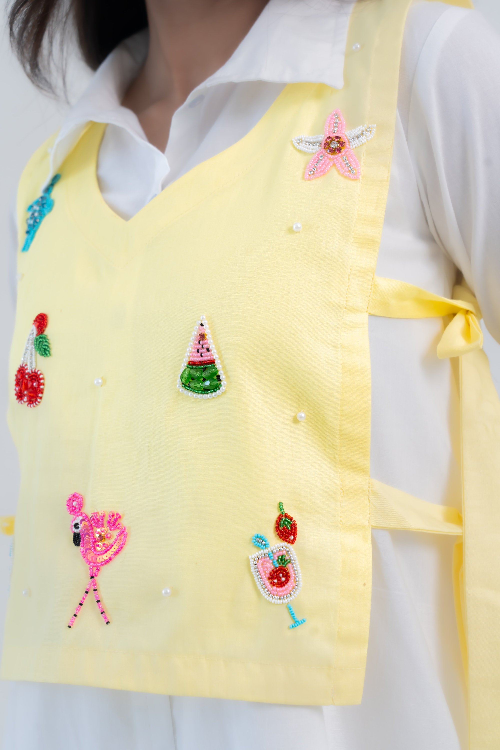 Yellow Embroidered Tie-Up Vest