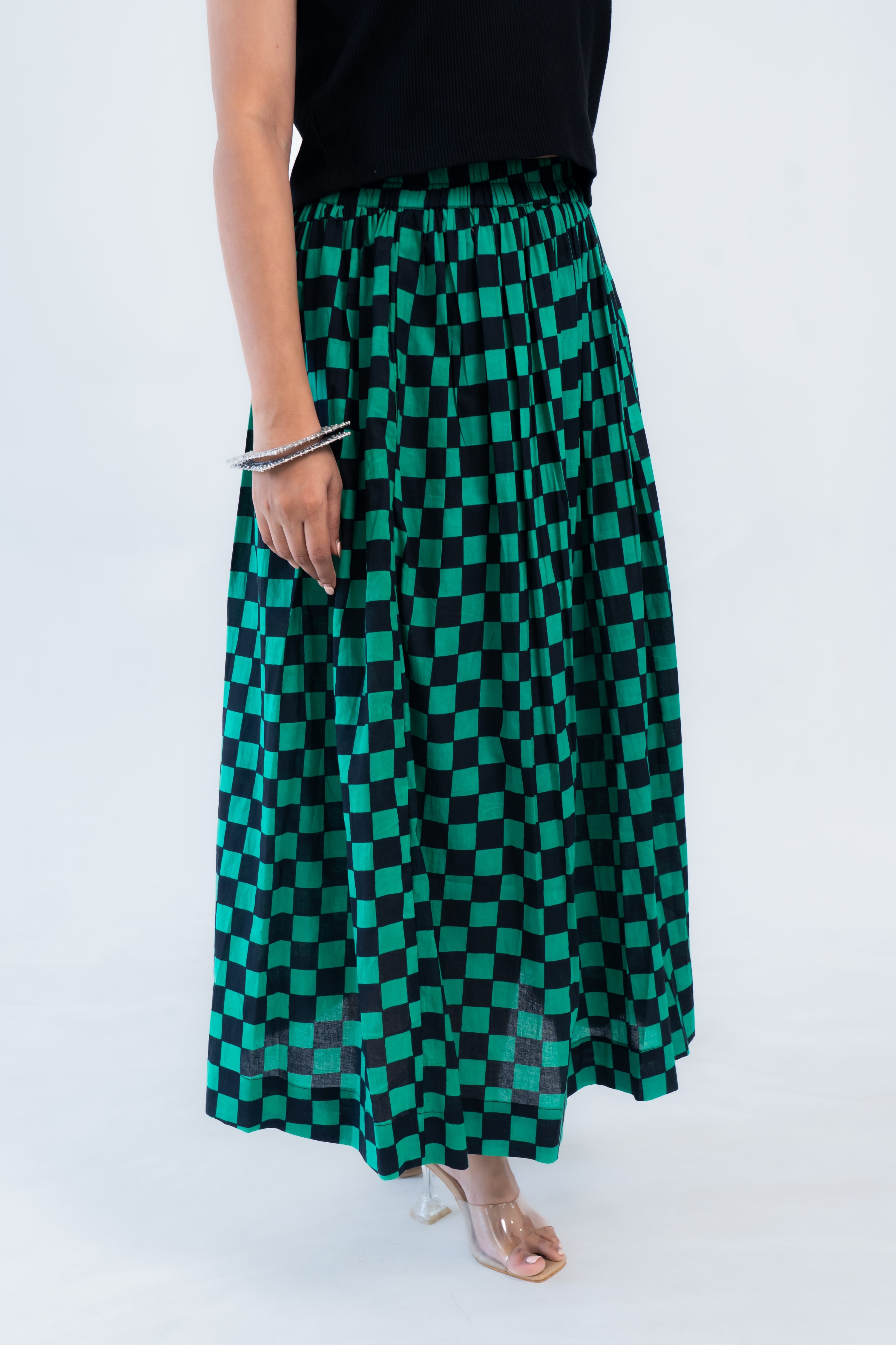 Green Checked Cotton Midi Skirt