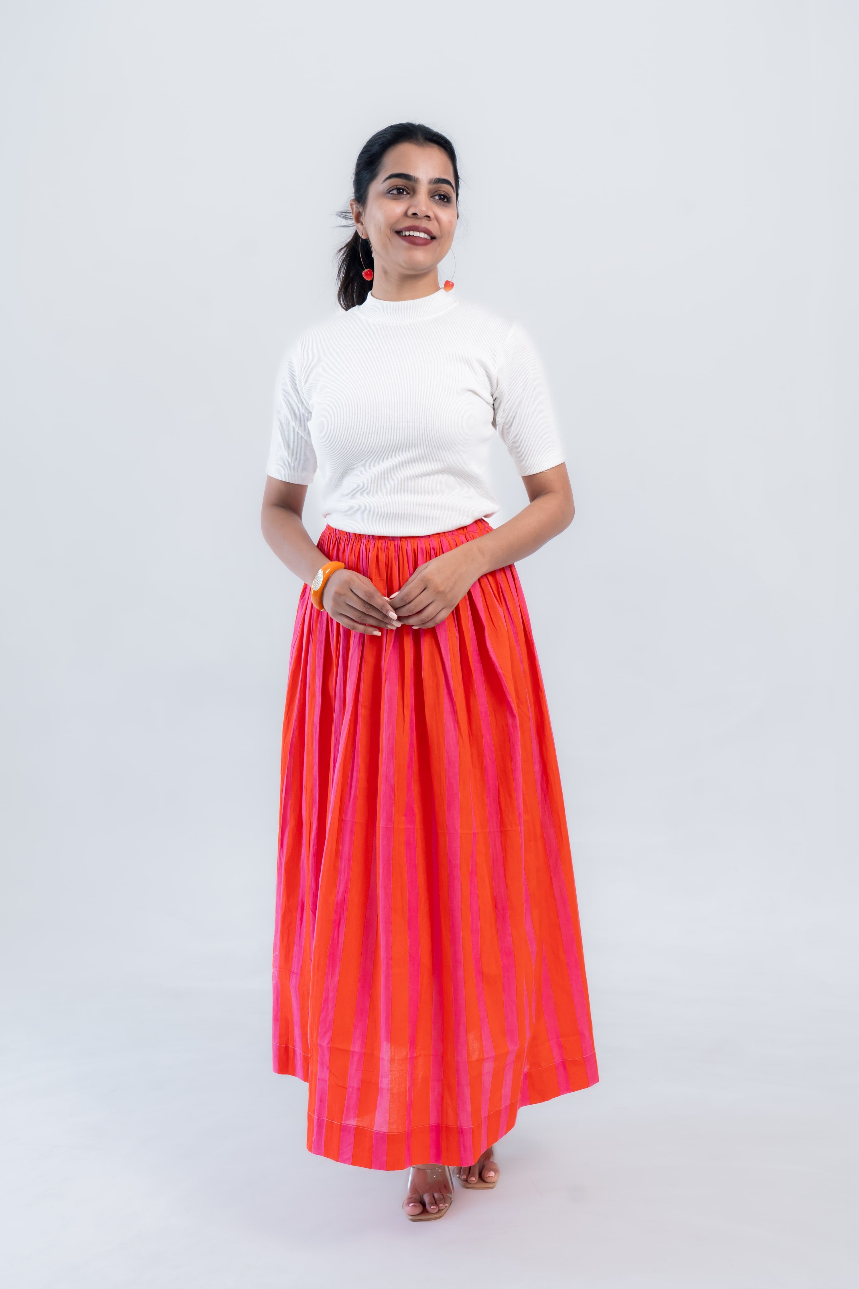 Orange Pink Striped Cotton Midi Skirt