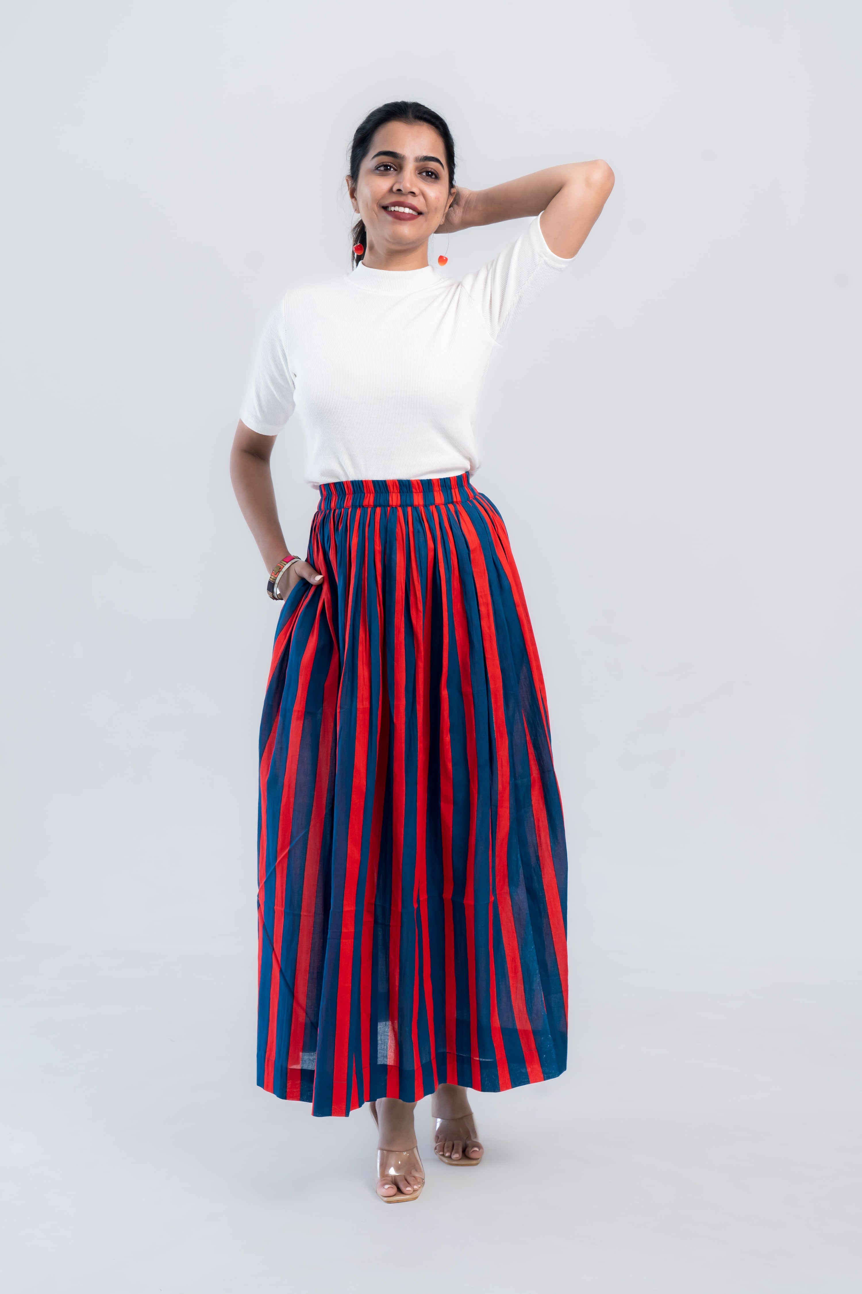 Red Blue Striped Cotton Midi Skirt