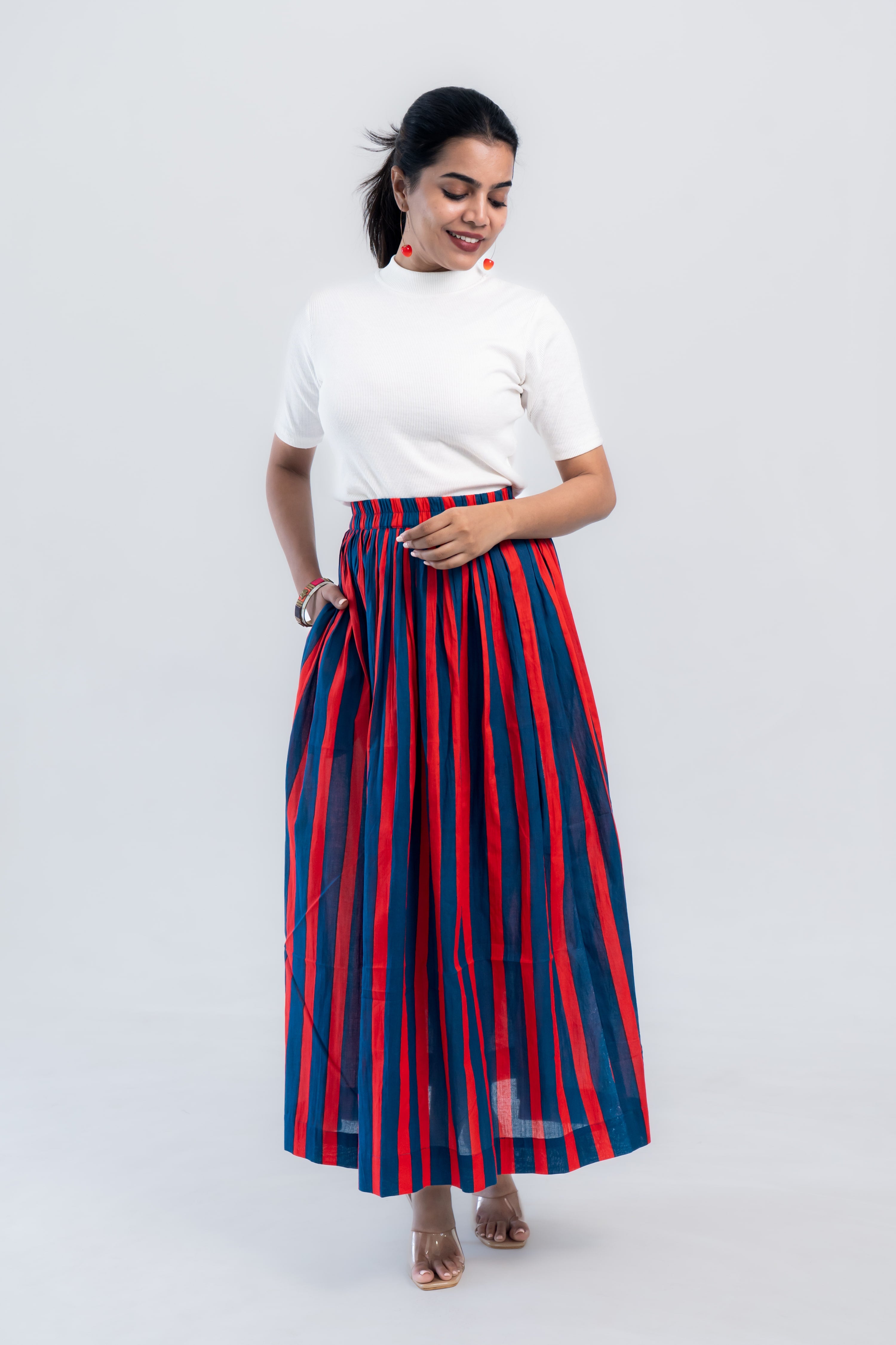 Red Blue Striped Cotton Midi Skirt