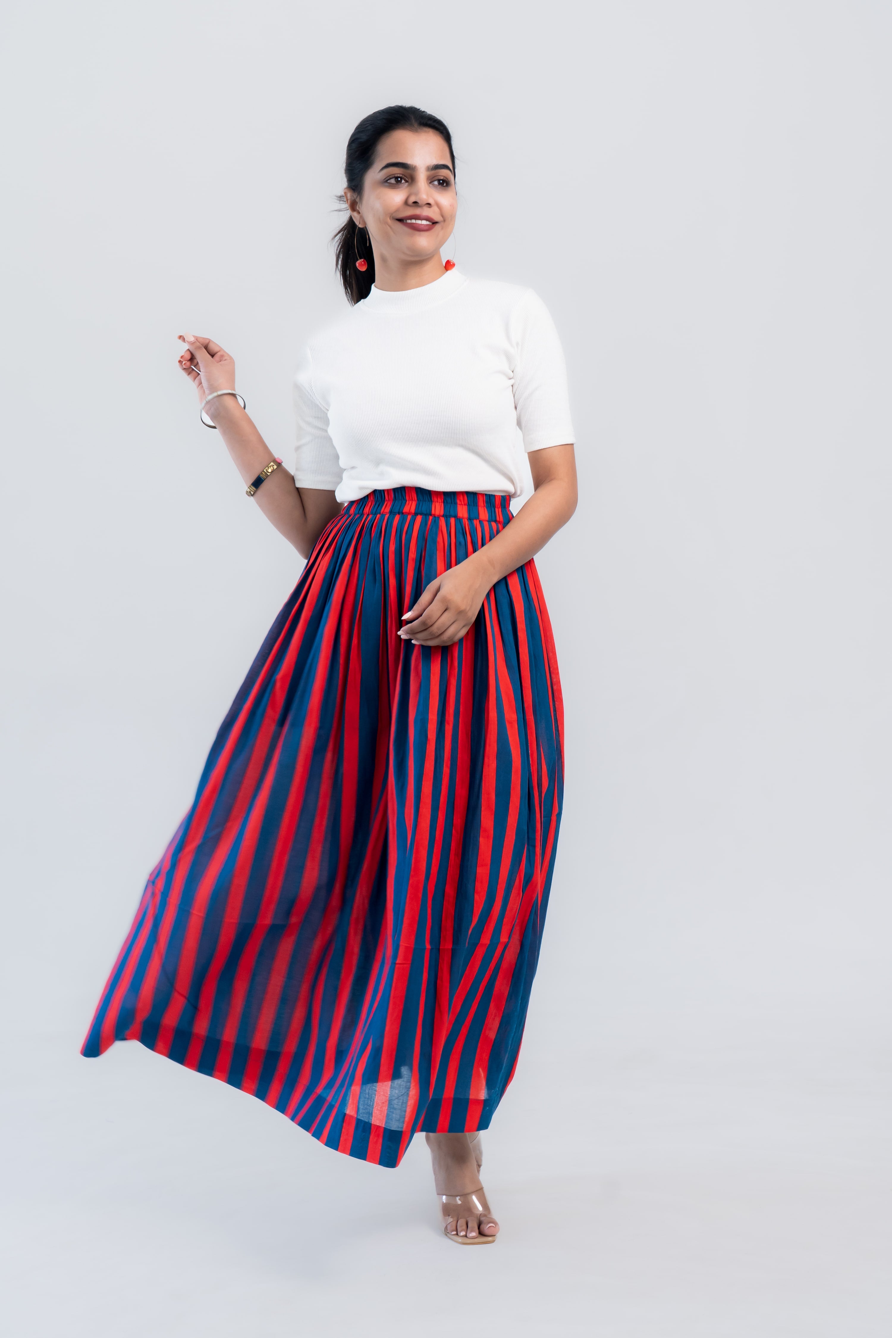 Red Blue Striped Cotton Midi Skirt
