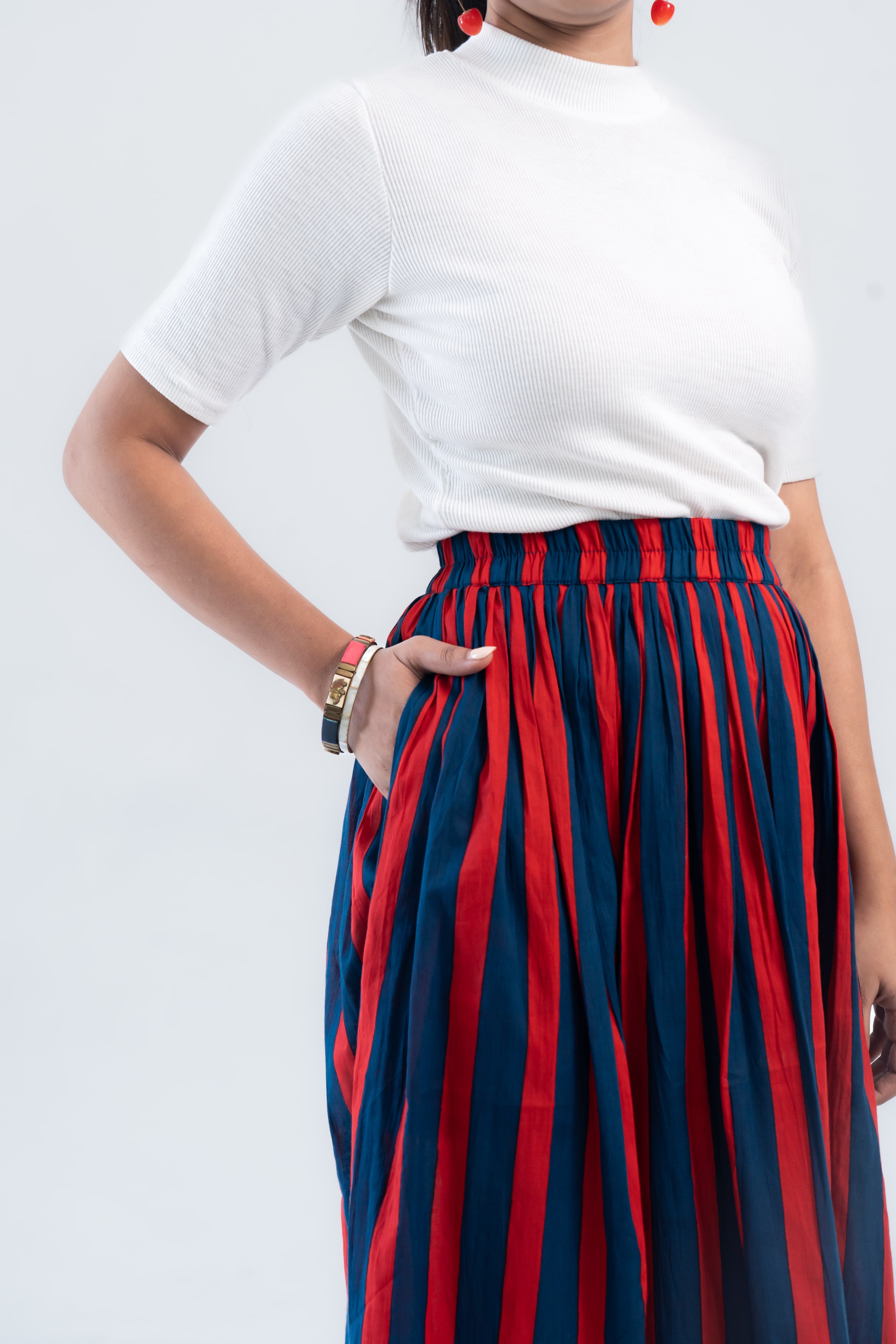 Red Blue Striped Cotton Midi Skirt