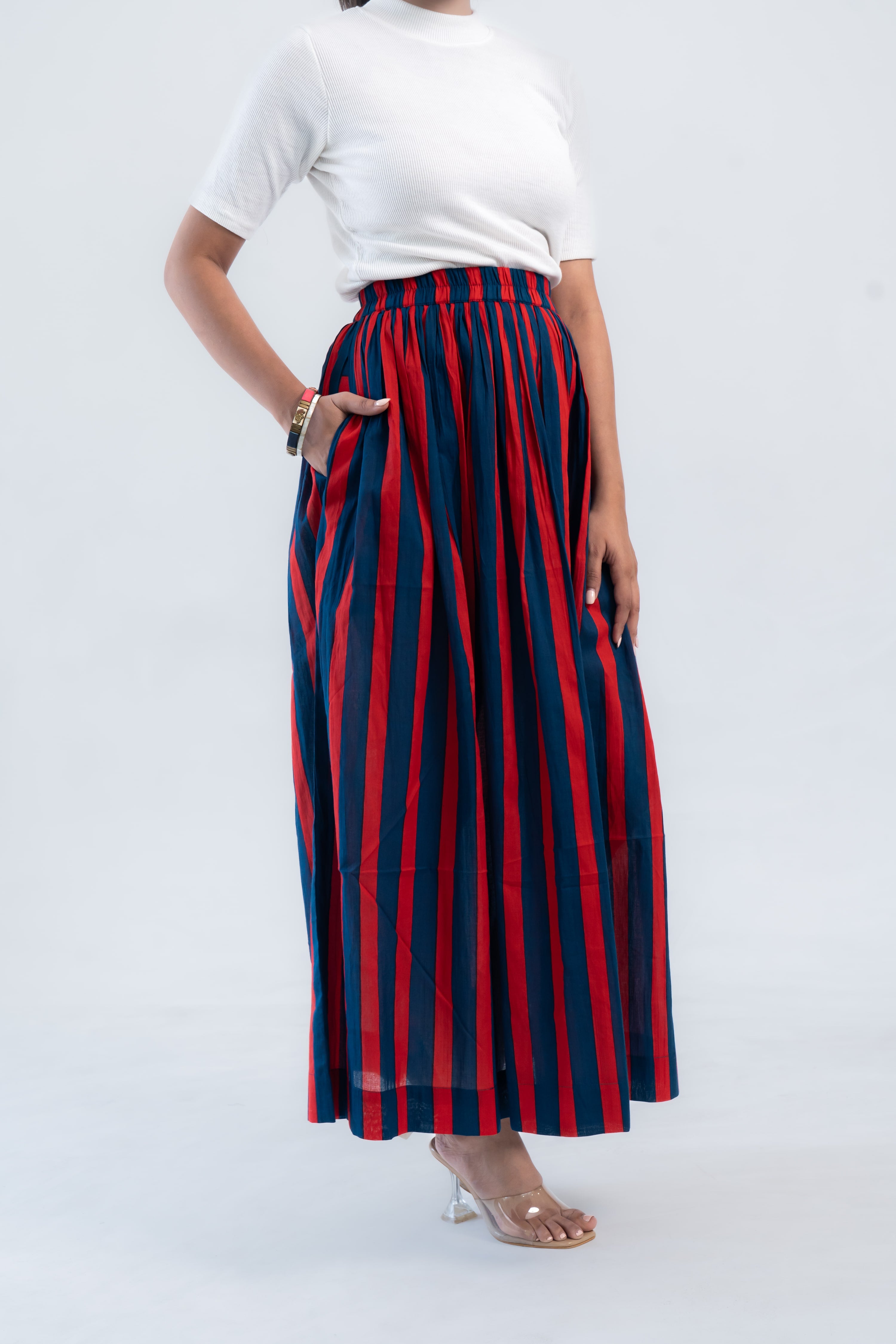 Red Blue Striped Cotton Midi Skirt