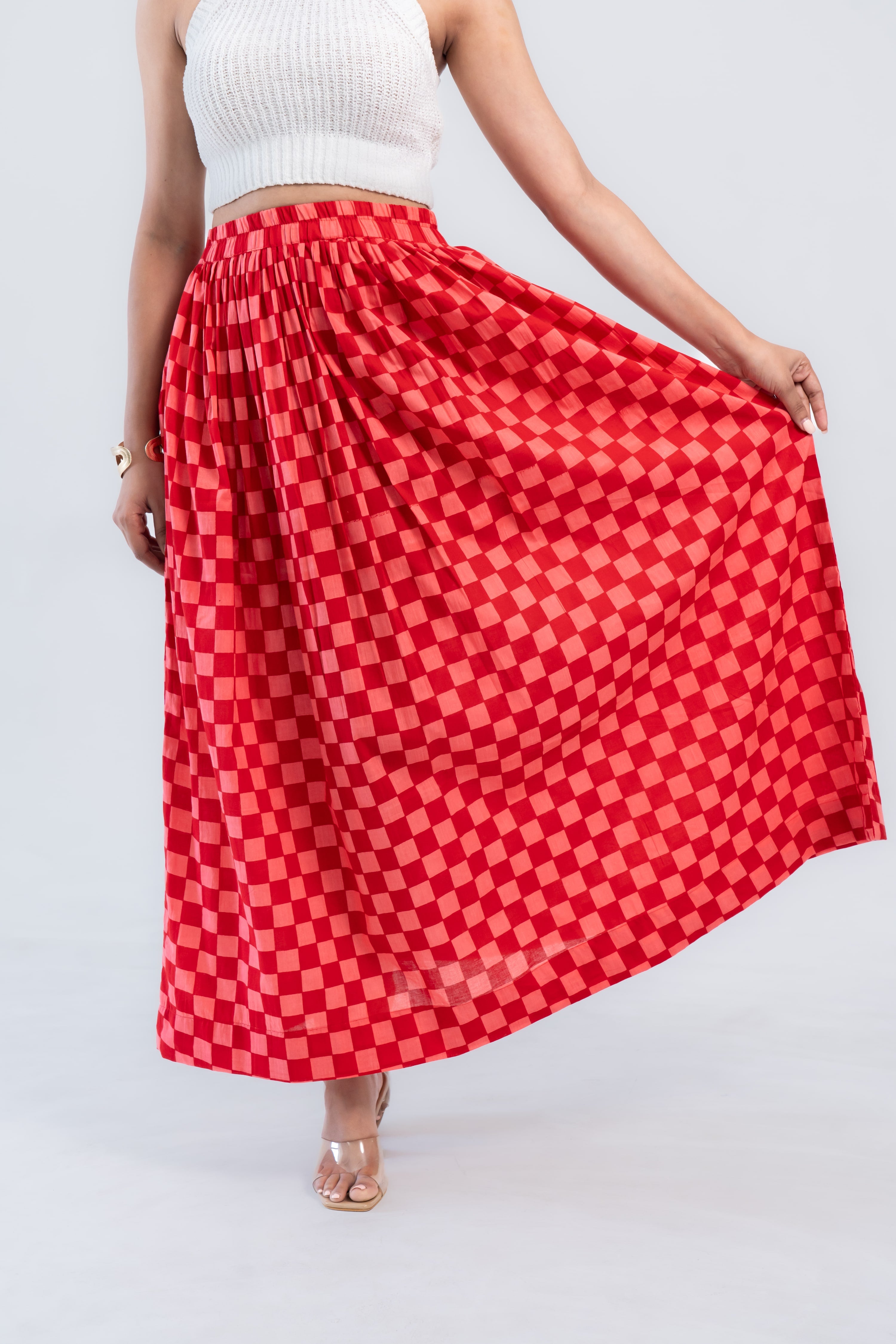 Red Checked Cotton Midi Skirt