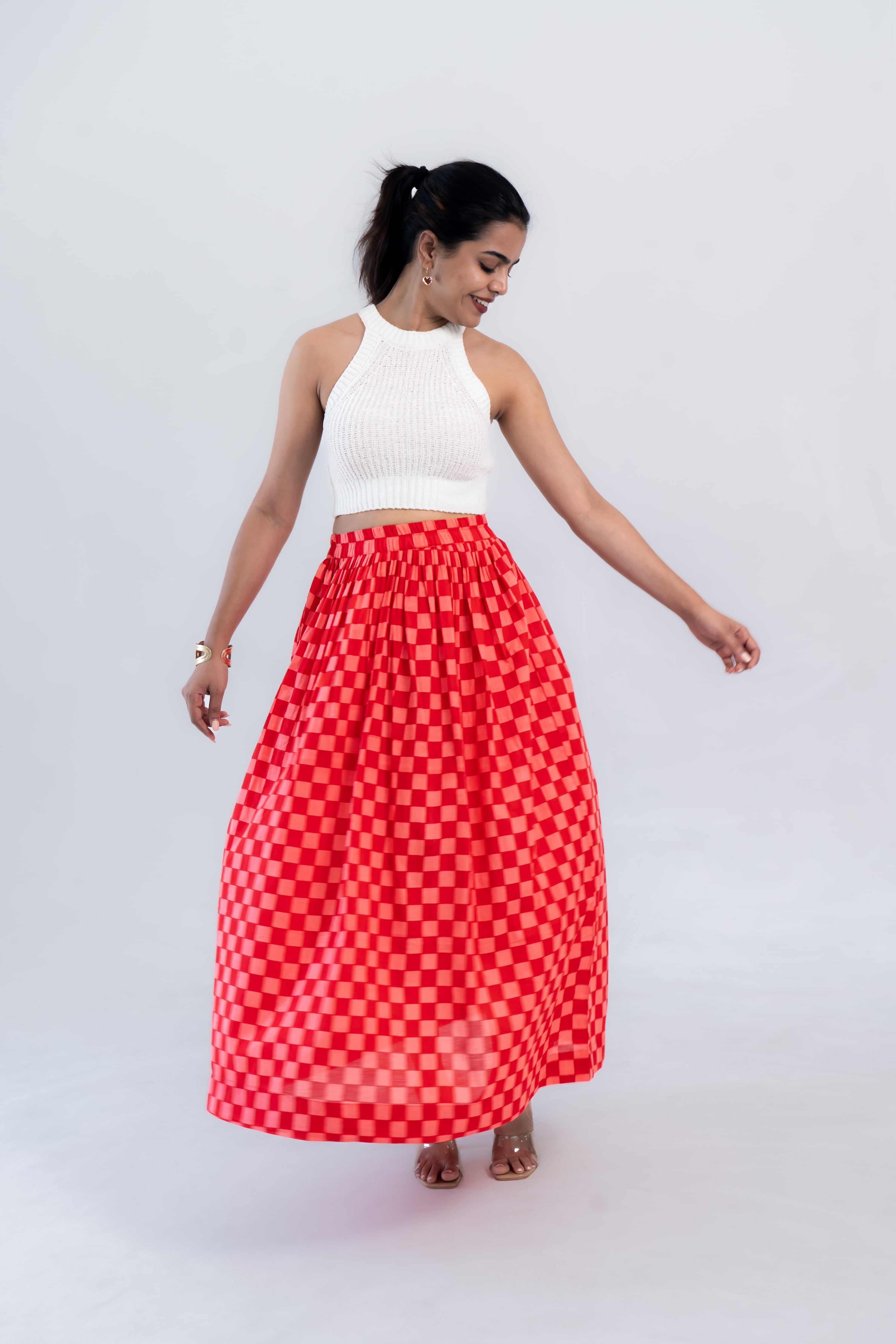 Red Checked Cotton Midi Skirt