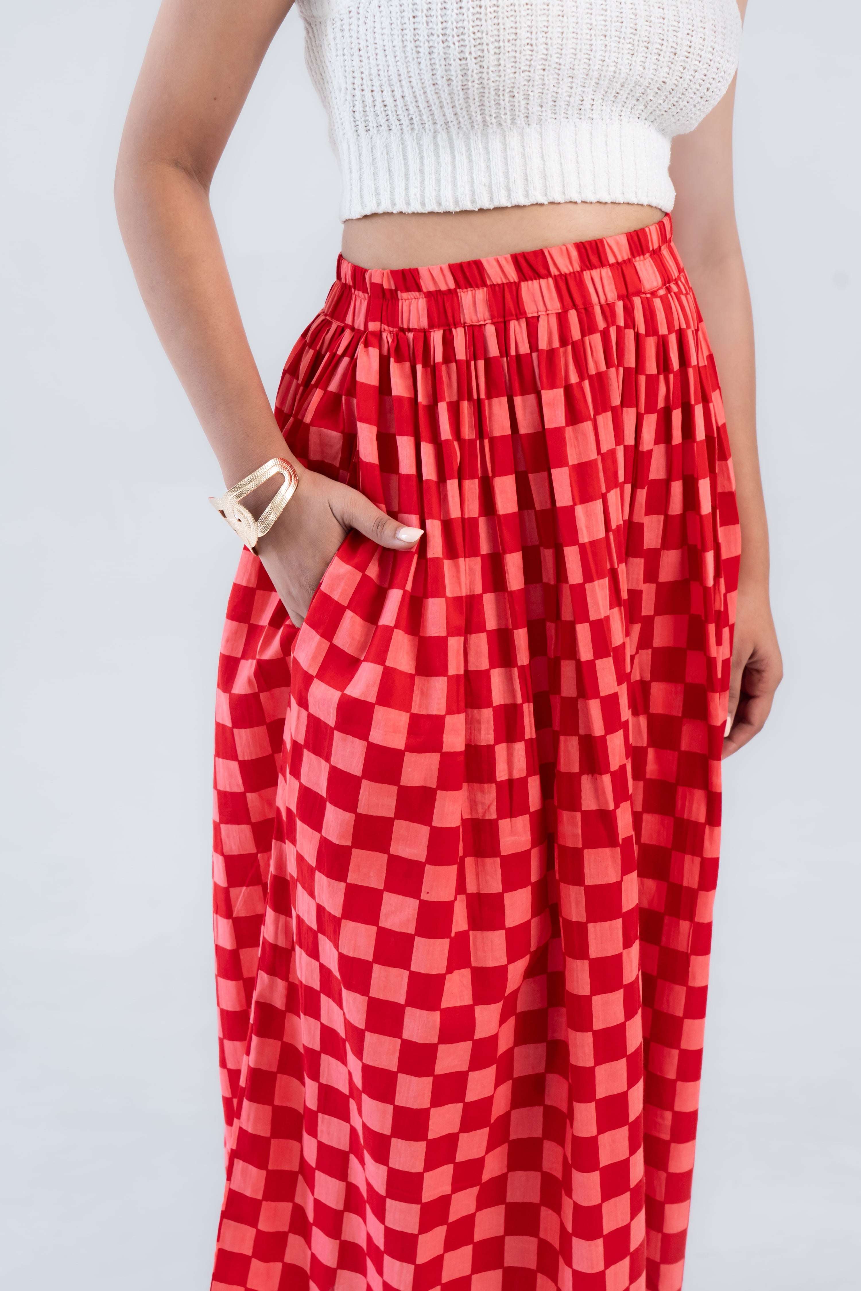 Red Checked Cotton Midi Skirt