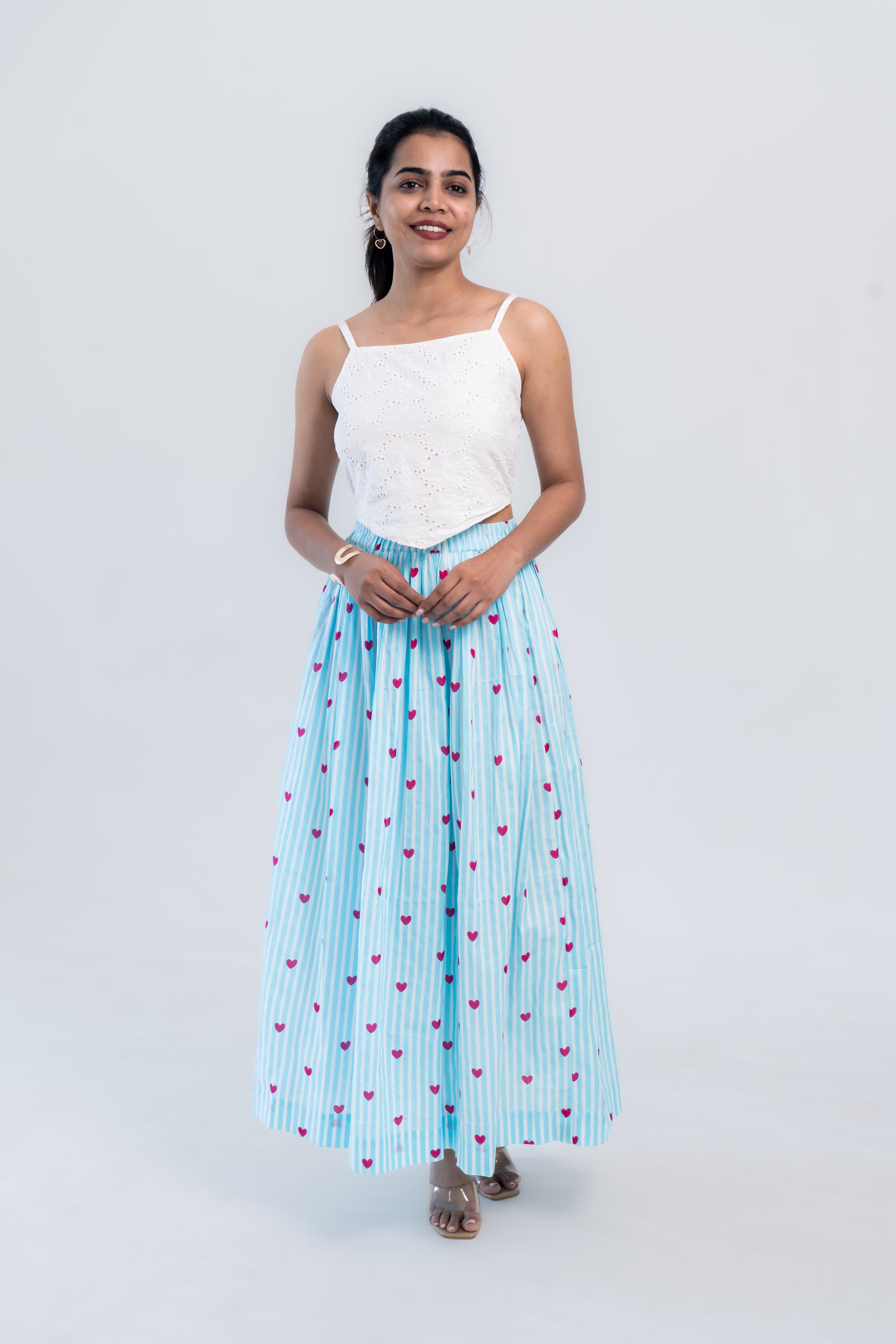Blue Striped Heart Print Cotton Midi Skirt