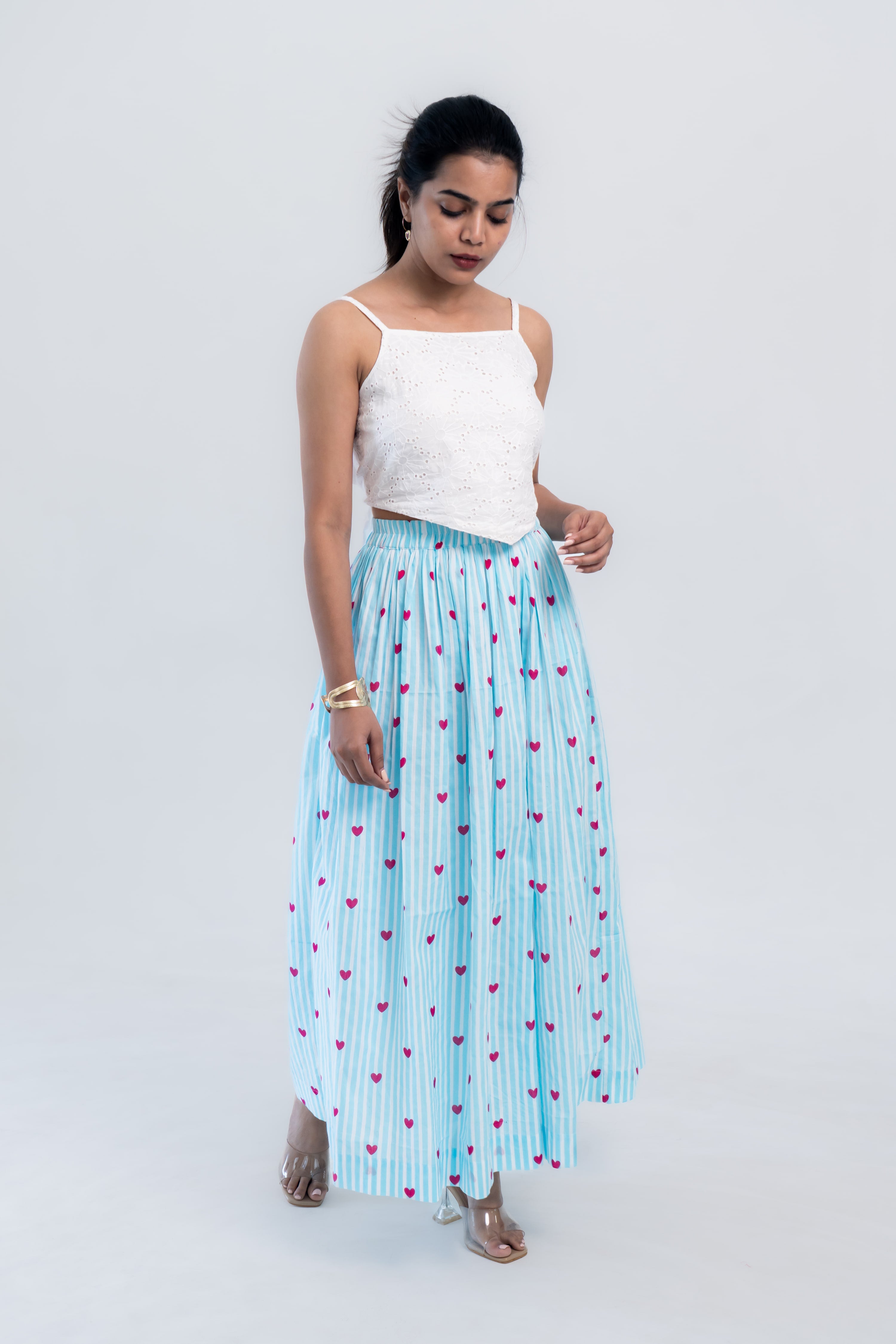 Blue Striped Heart Print Cotton Midi Skirt