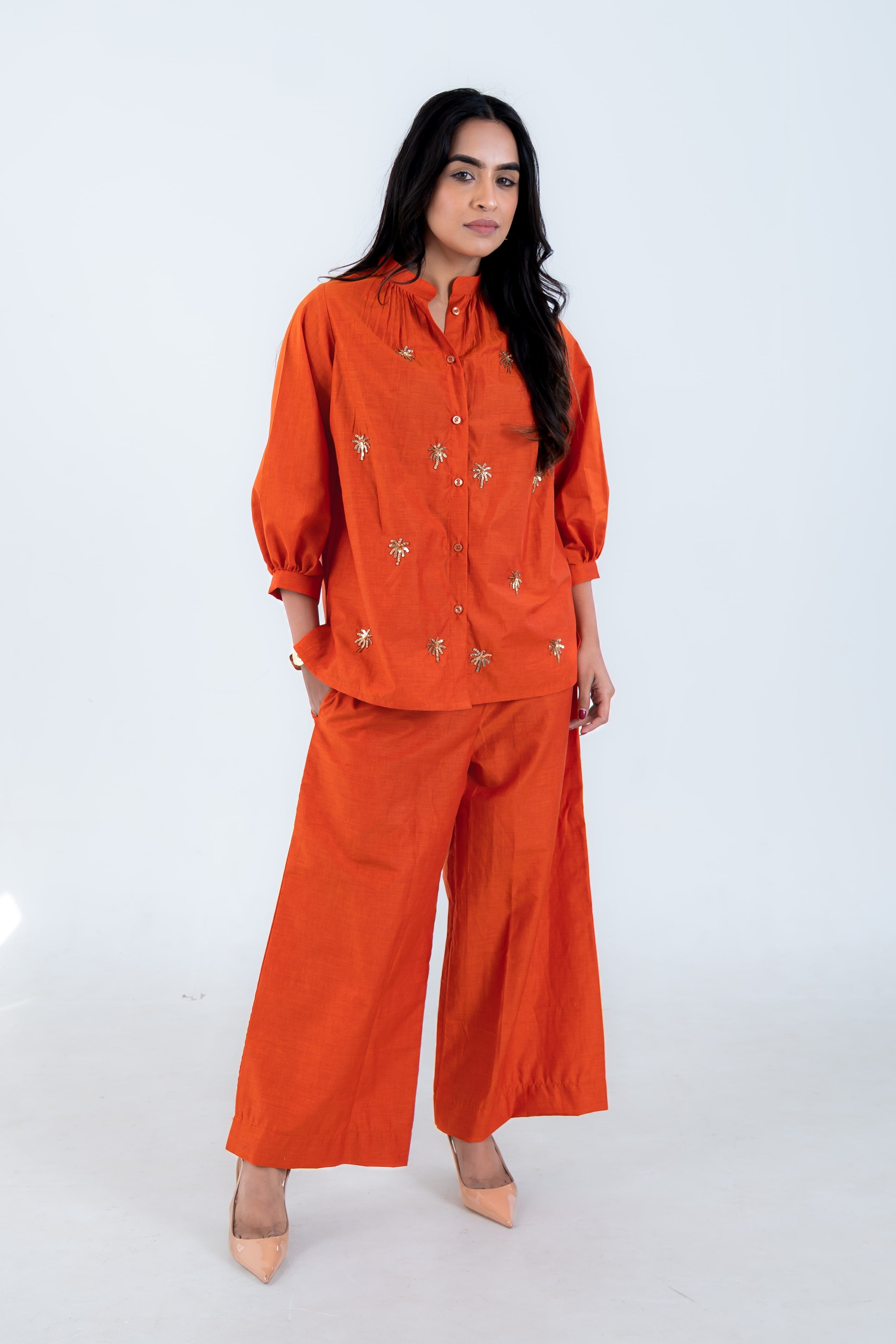 Burnt Orange Cotton Co-Ord with Palm Embroidery