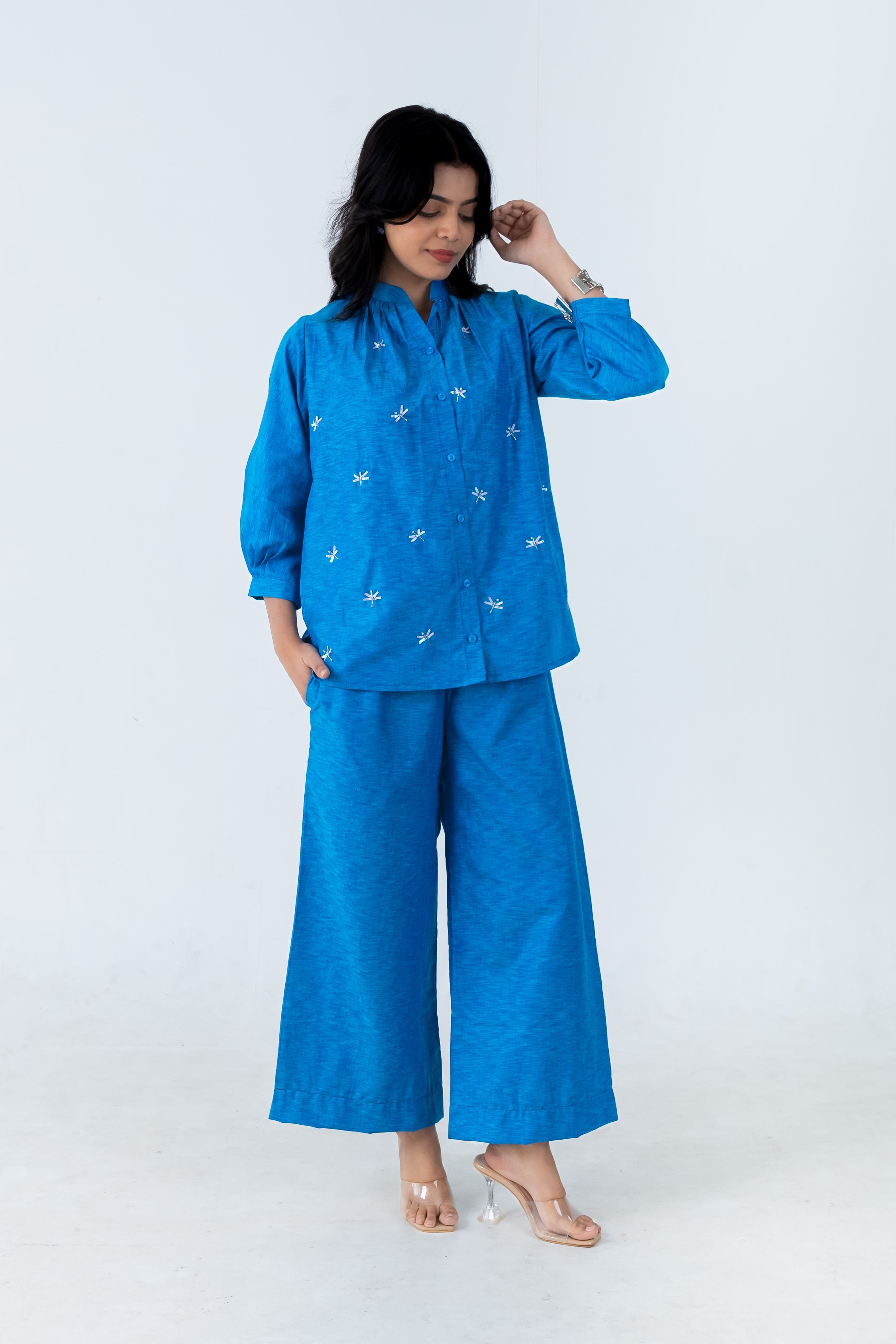 Persian Blue Cotton Co-Ord with Dragonfly Embroidery
