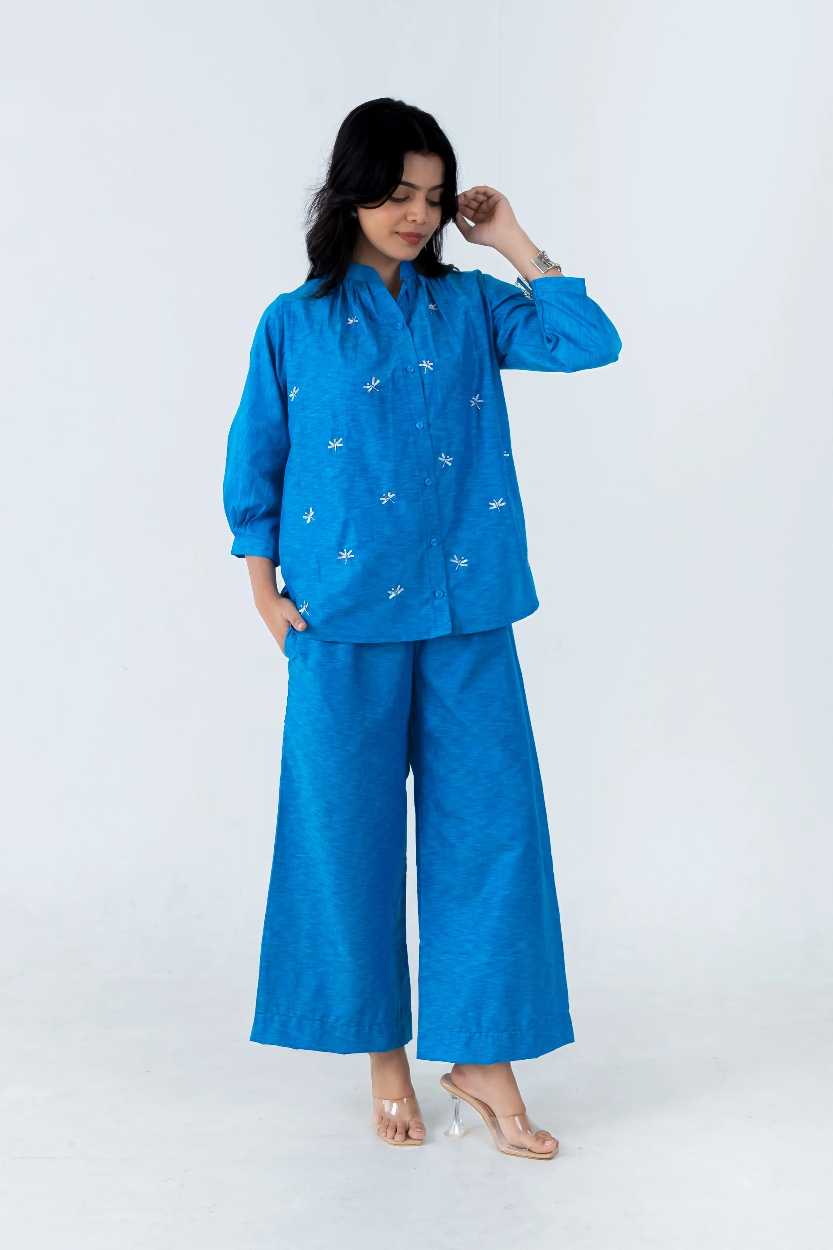 Persian Blue Cotton Co-Ord with Dragonfly Embroidery