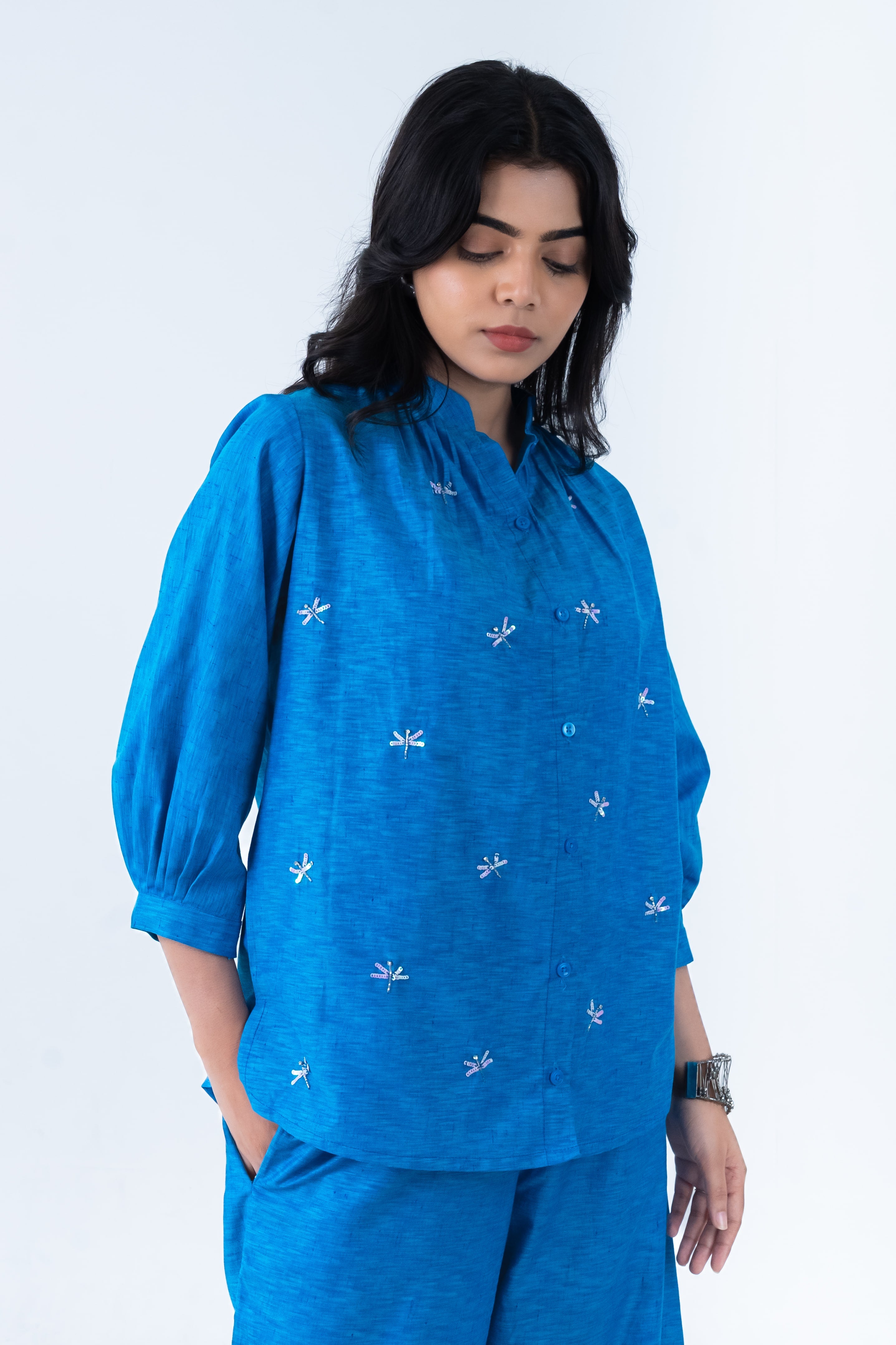 Persian Blue Cotton Co-Ord with Dragonfly Embroidery