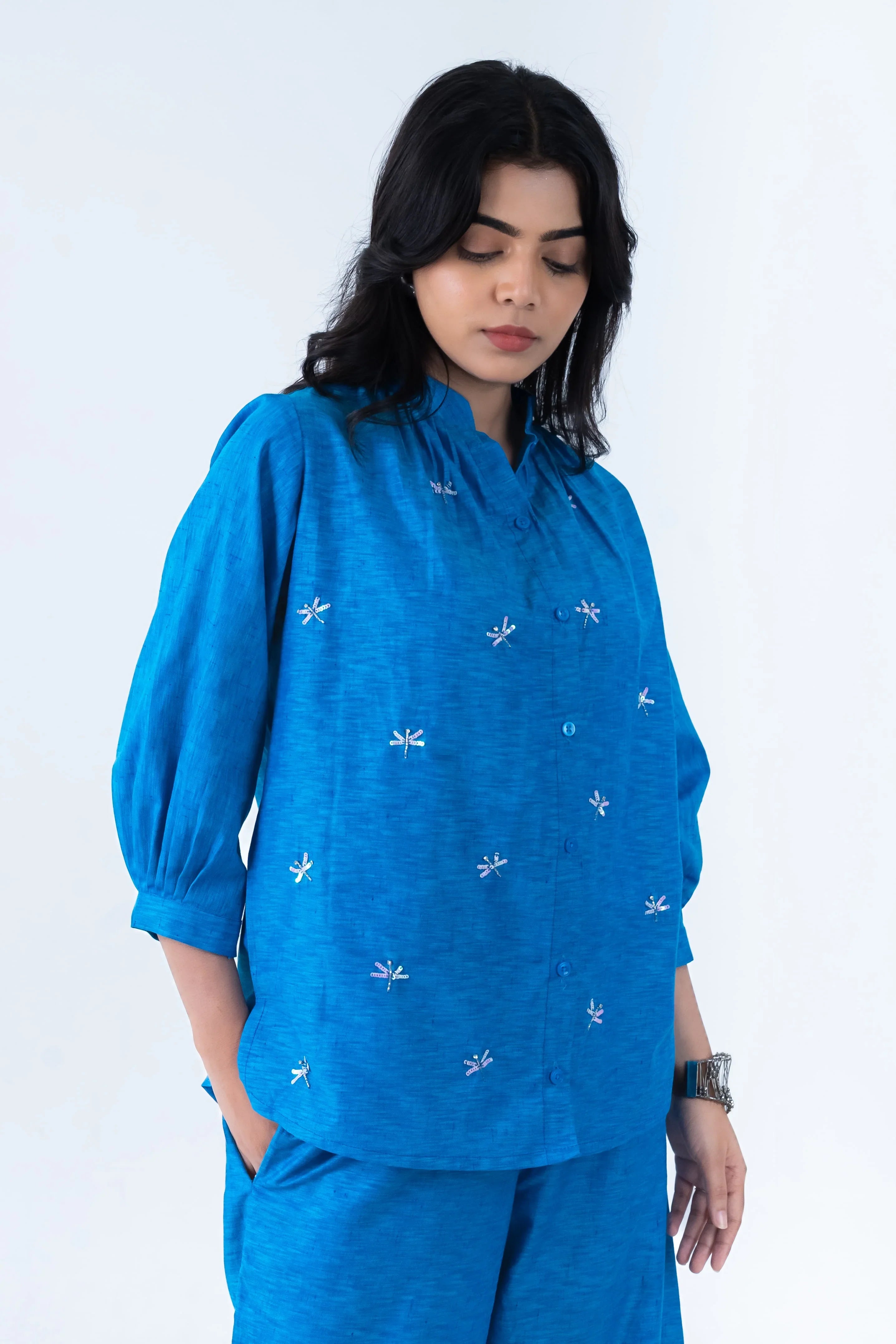 Persian Blue Cotton Co-Ord with Dragonfly Embroidery