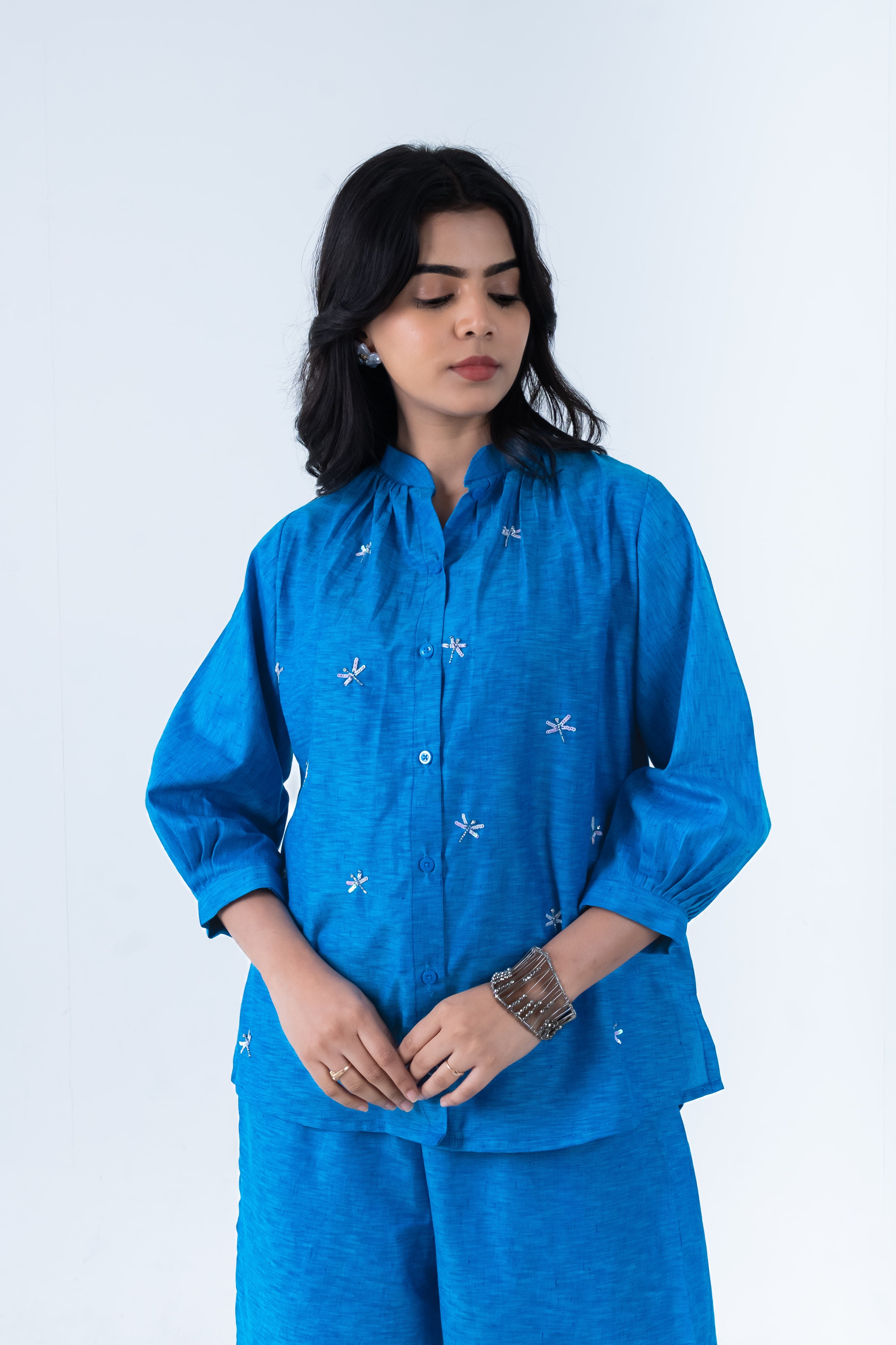 Persian Blue Cotton Co-Ord with Dragonfly Embroidery