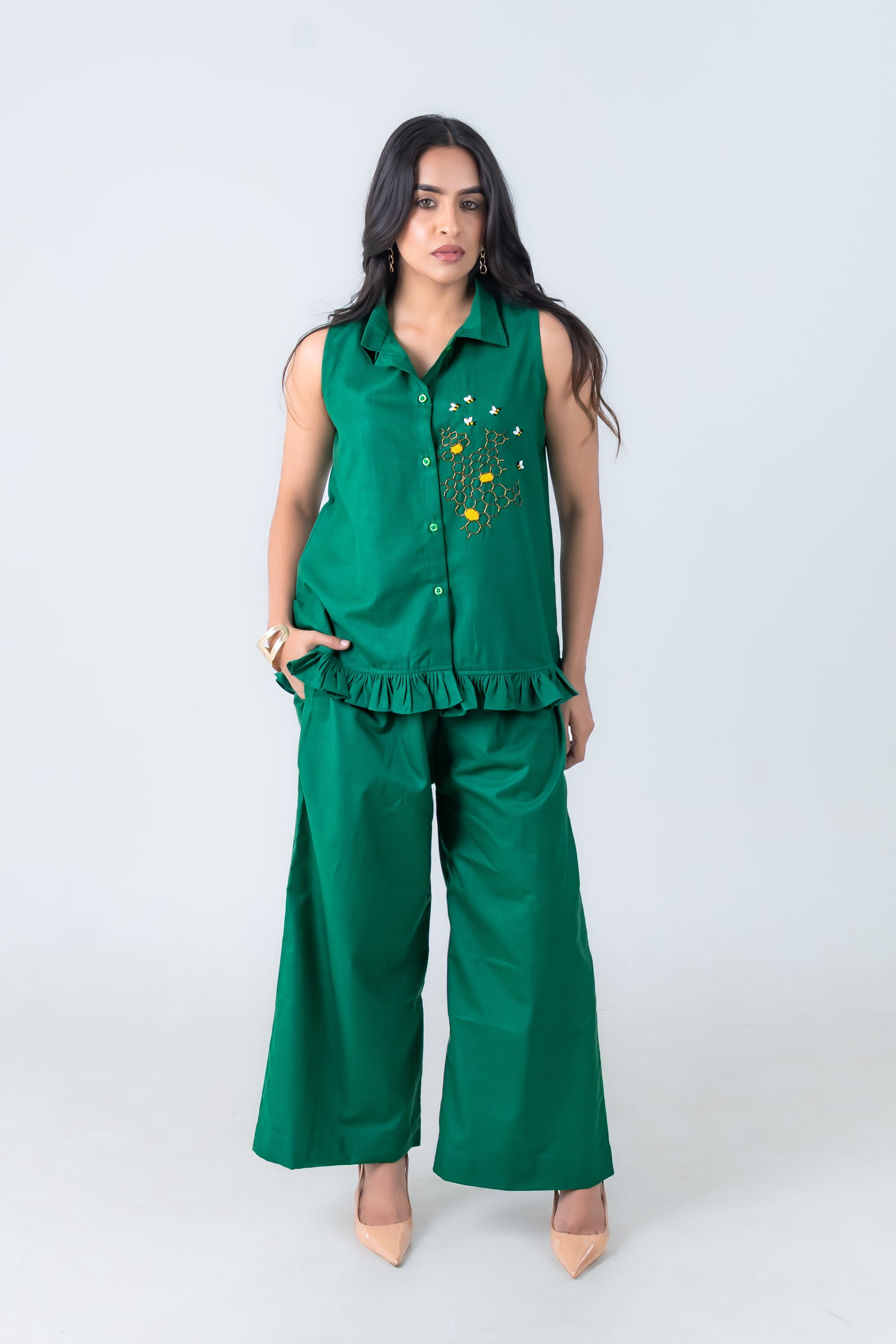 Emerald Ink Co-Ord with Honey Bee Embroidery