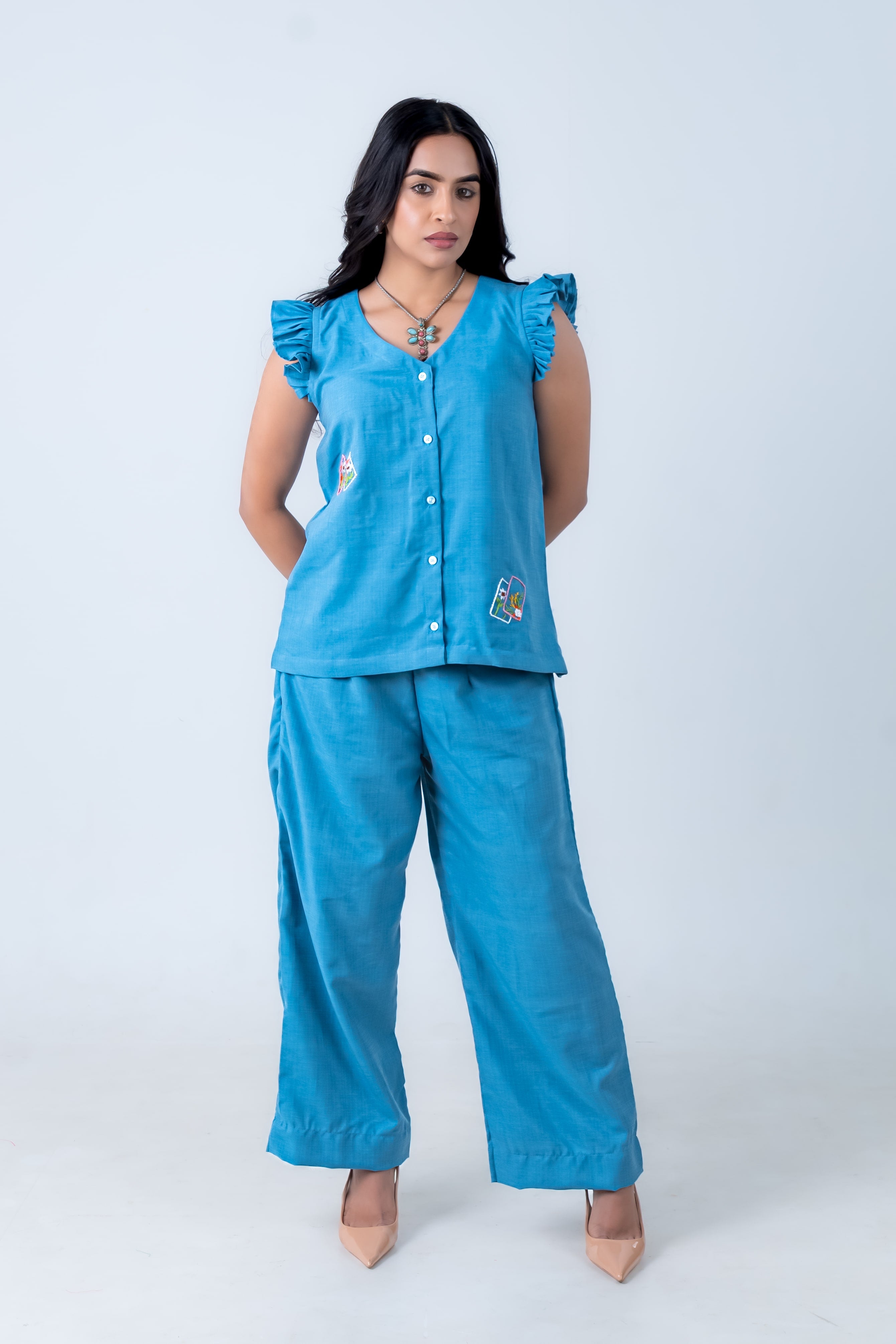 Denim Blue Co-Ord with Thread Embroidery