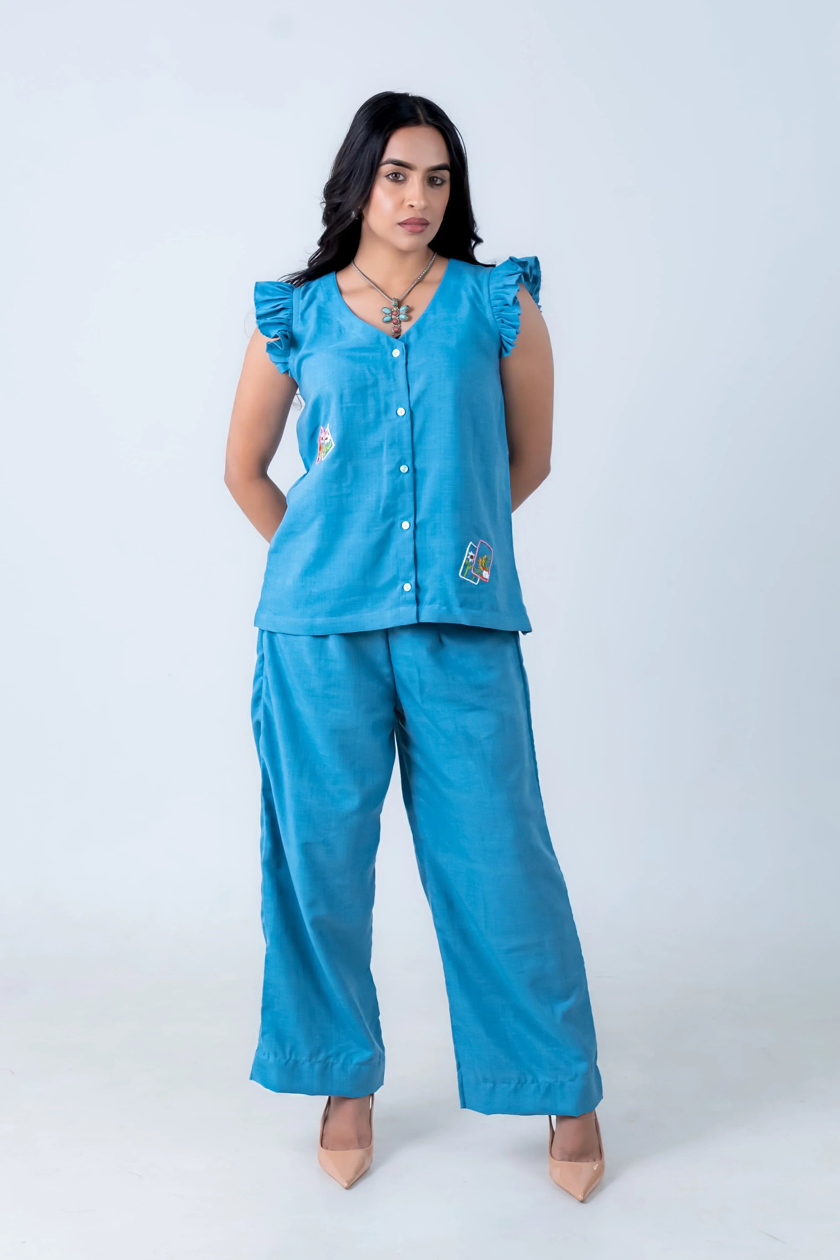 Denim Blue Co-Ord with Thread Embroidery