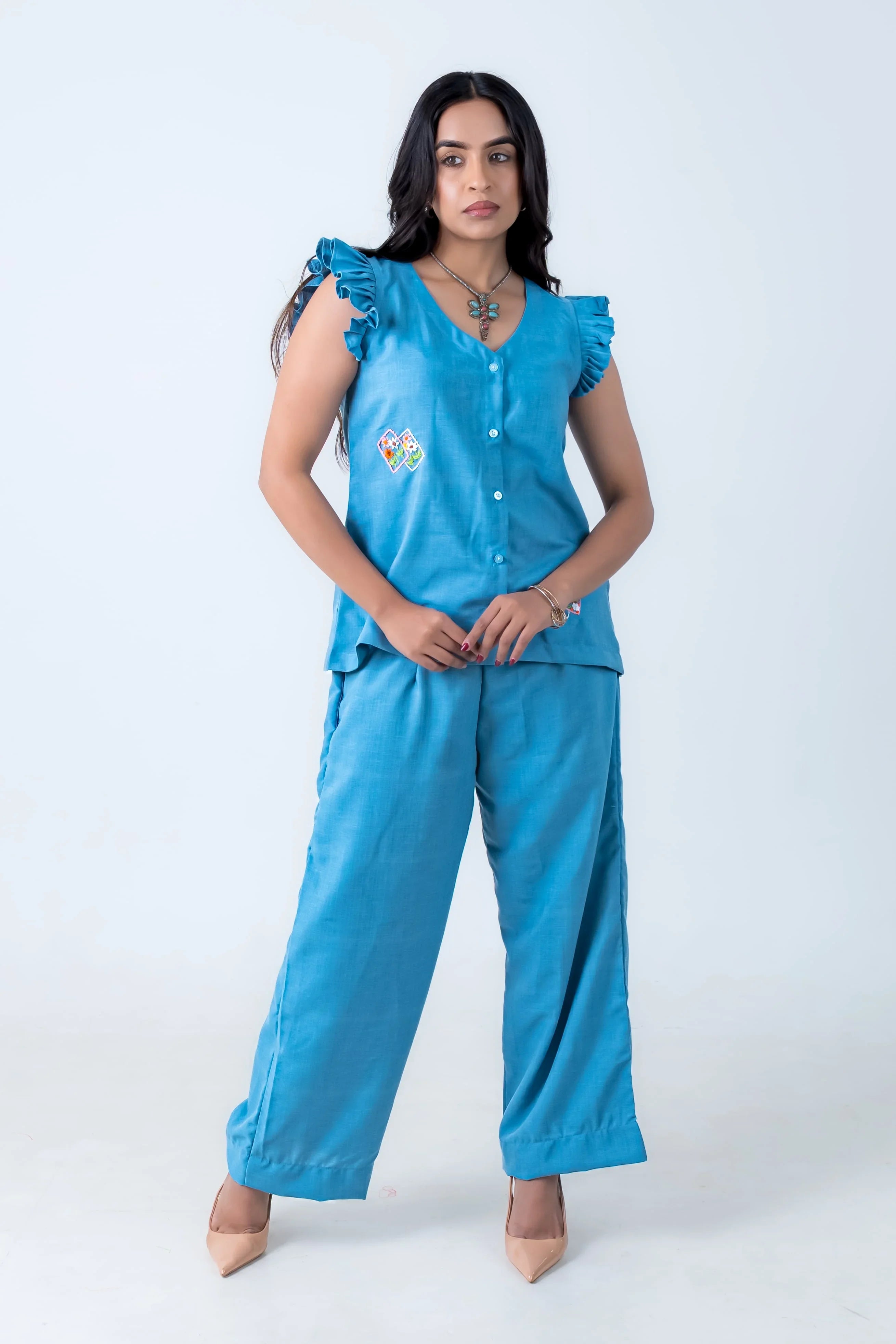 Denim Blue Co-Ord with Thread Embroidery