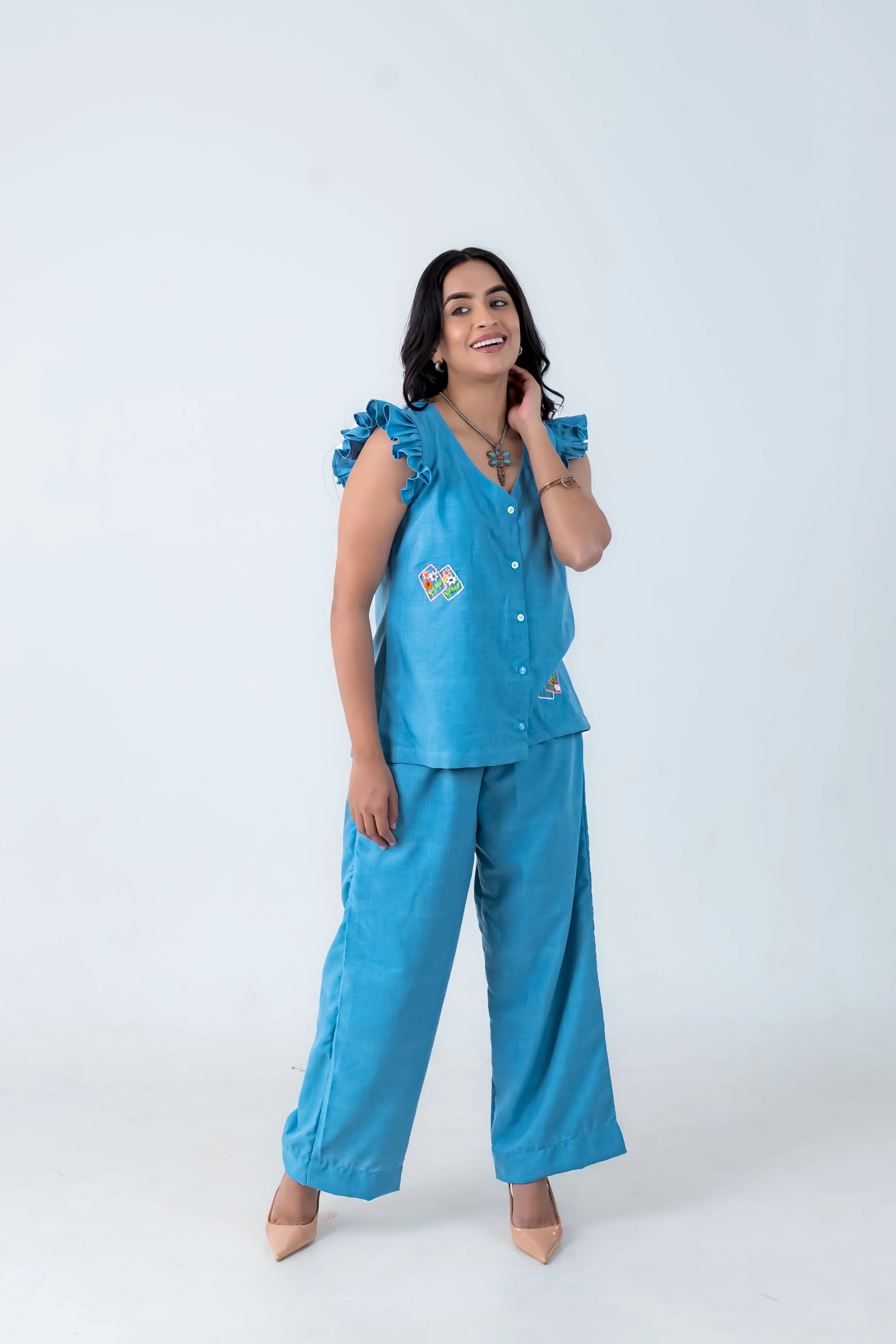 Denim Blue Co-Ord with Thread Embroidery