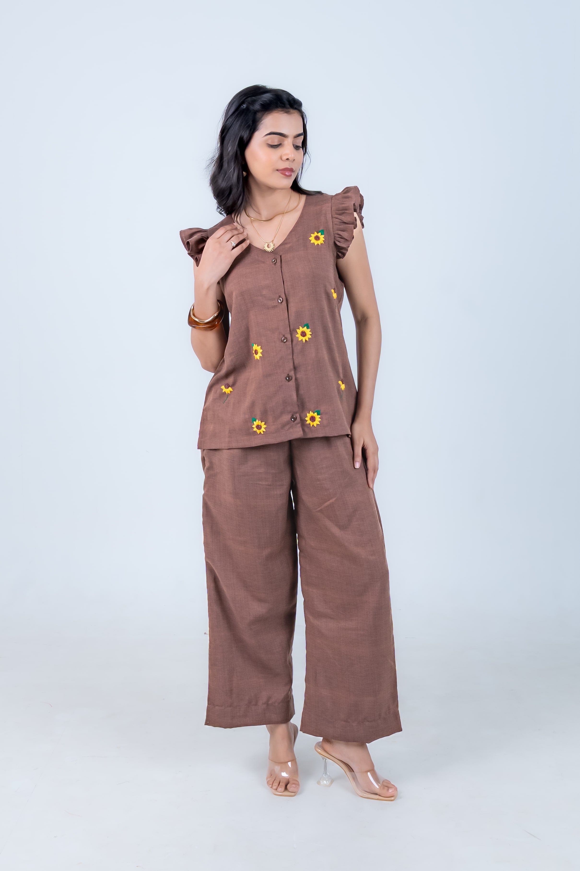 Coffee Grind Co-Ord with Sunflower Embroidery