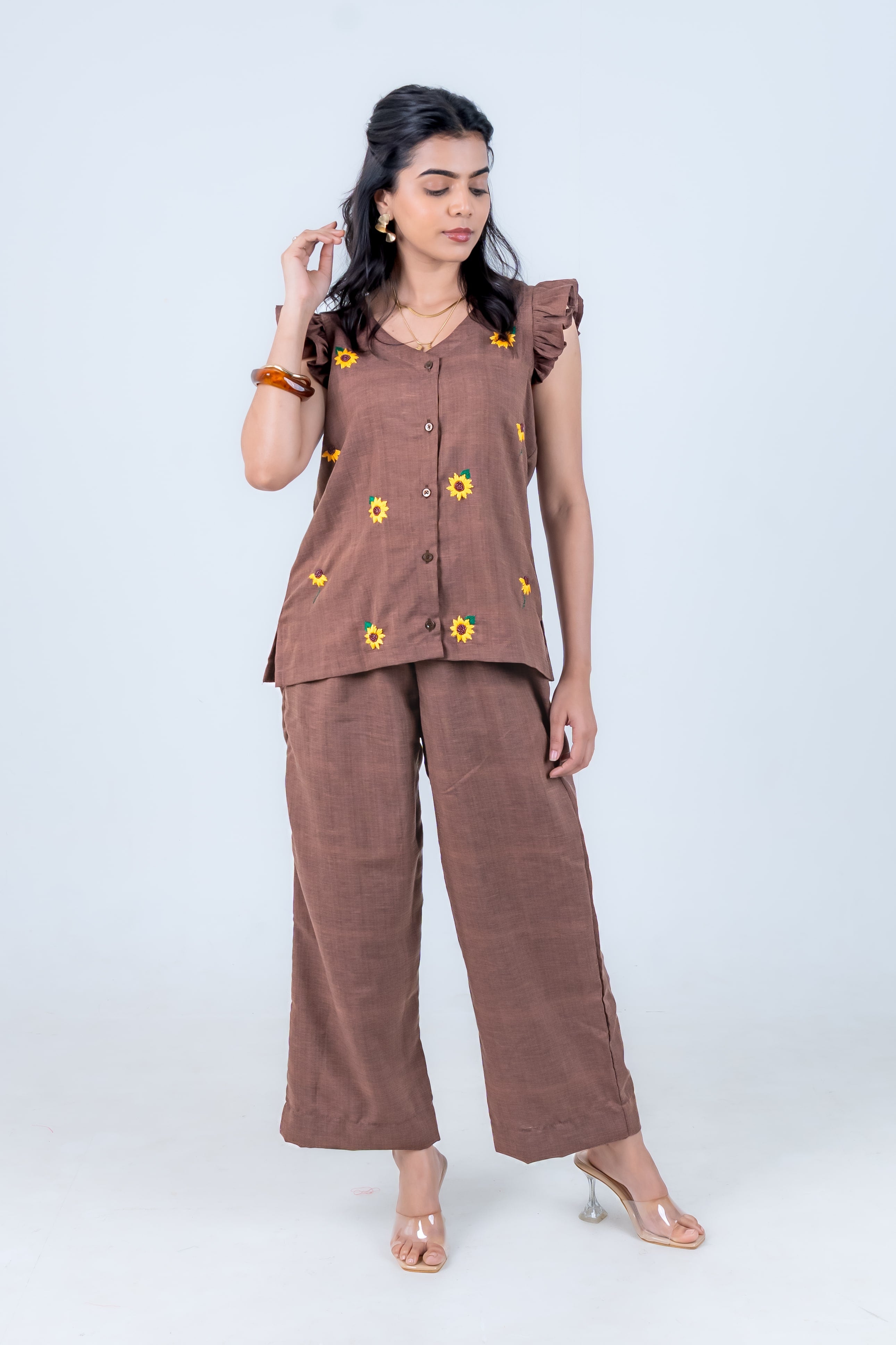 Coffee Grind Co-Ord with Sunflower Embroidery