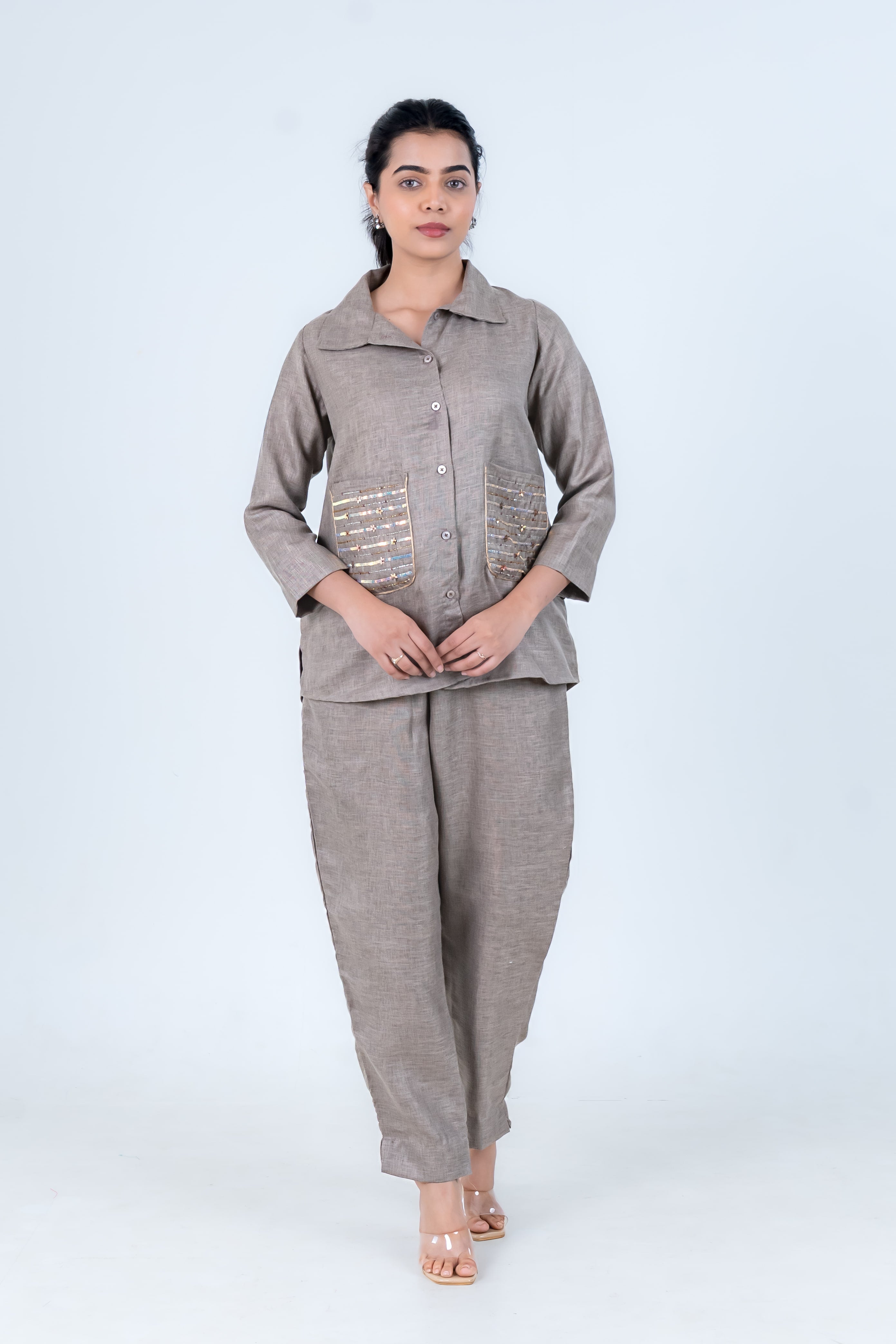 Grey Linen Co-Ord with Sequin Embroidery