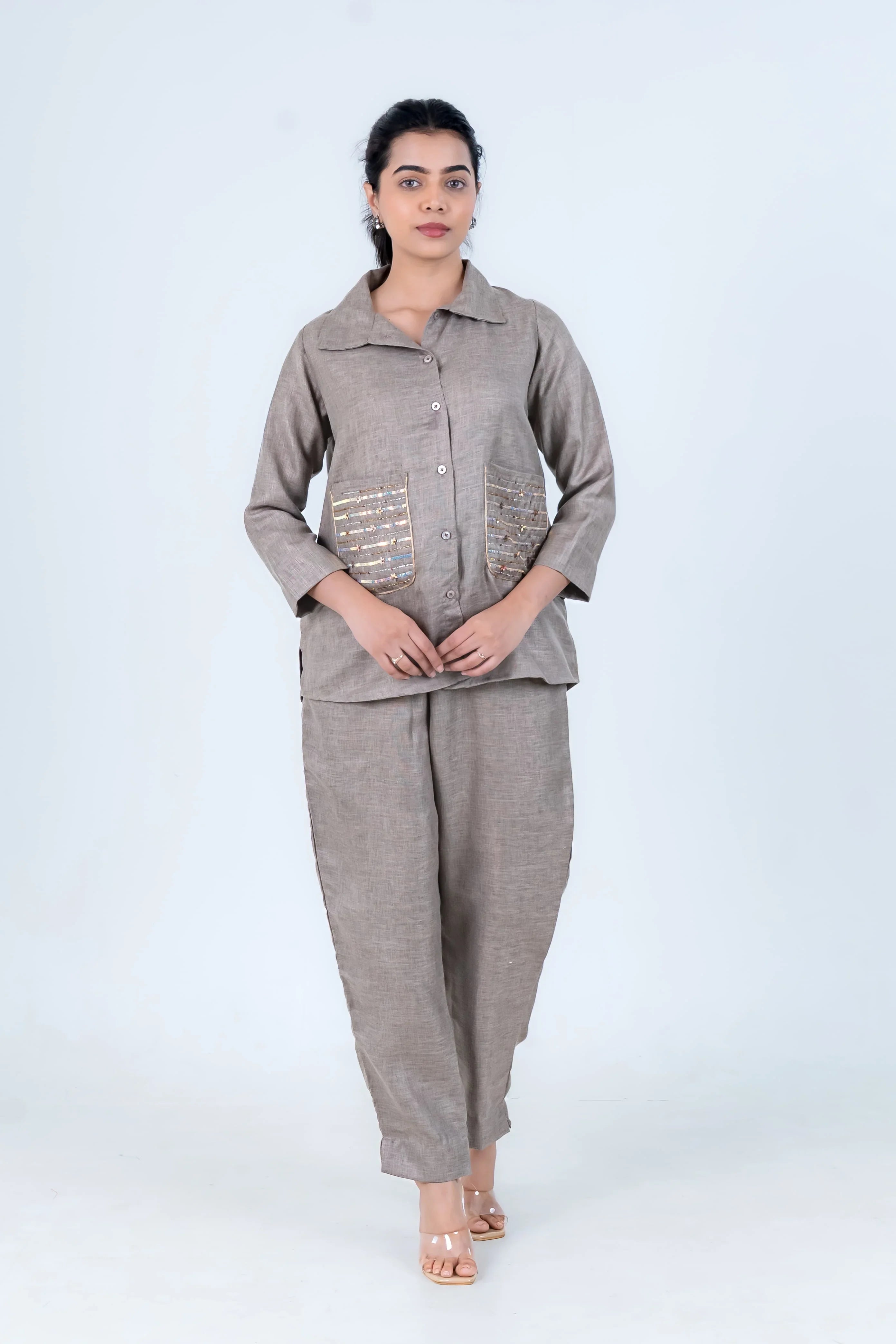 Grey Linen Co-Ord with Sequin Embroidery