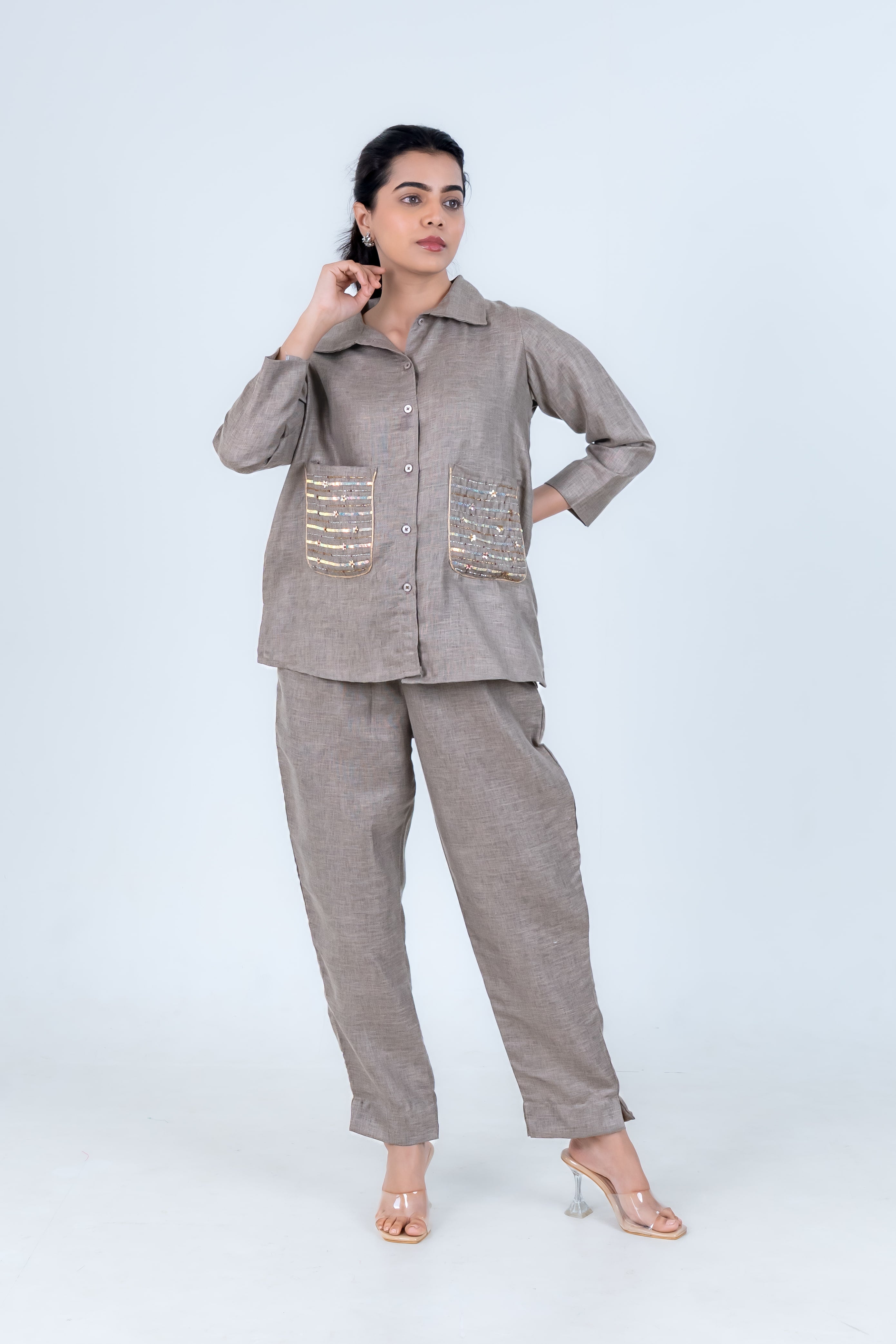 Grey Linen Co-Ord with Sequin Embroidery