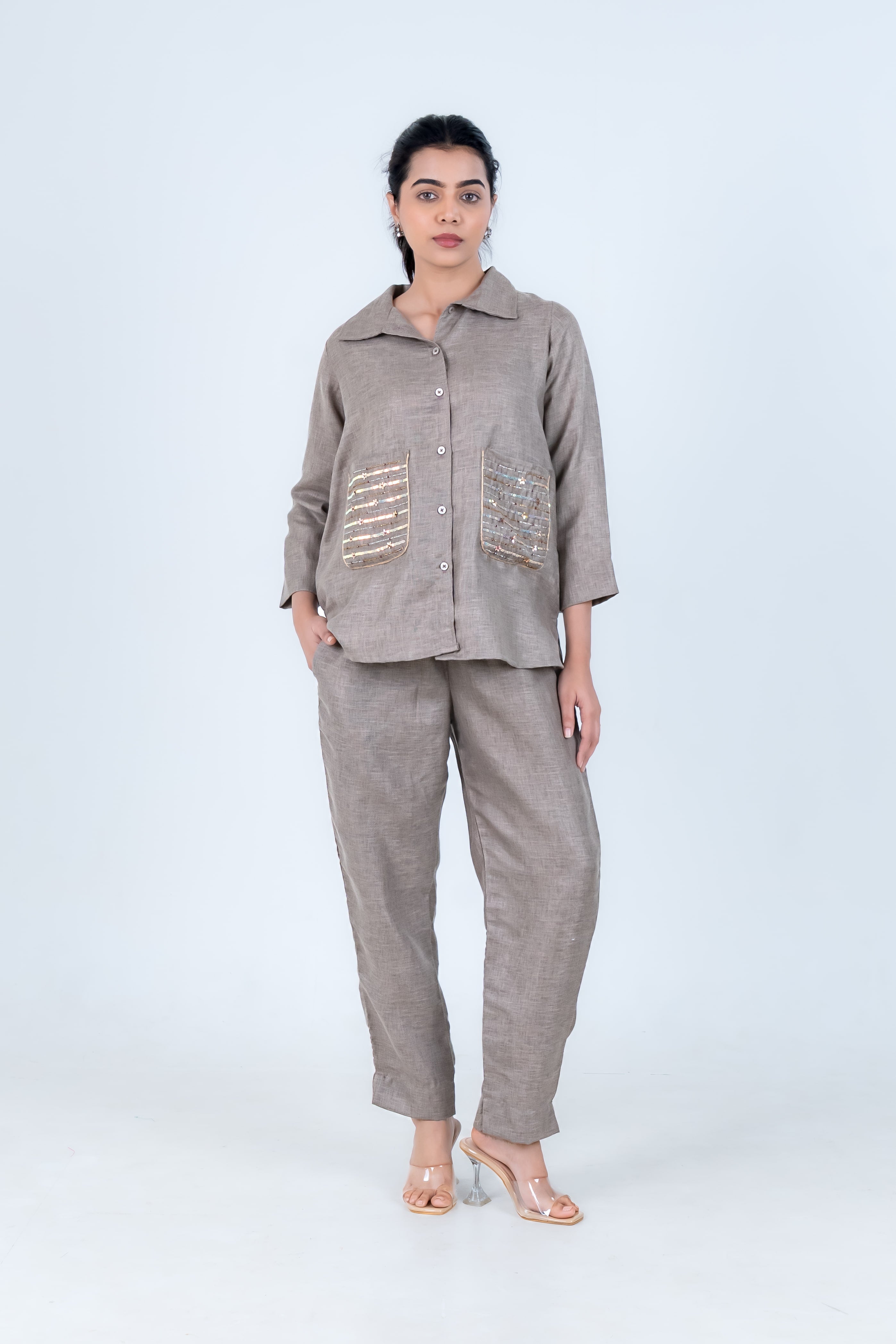 Grey Linen Co-Ord with Sequin Embroidery