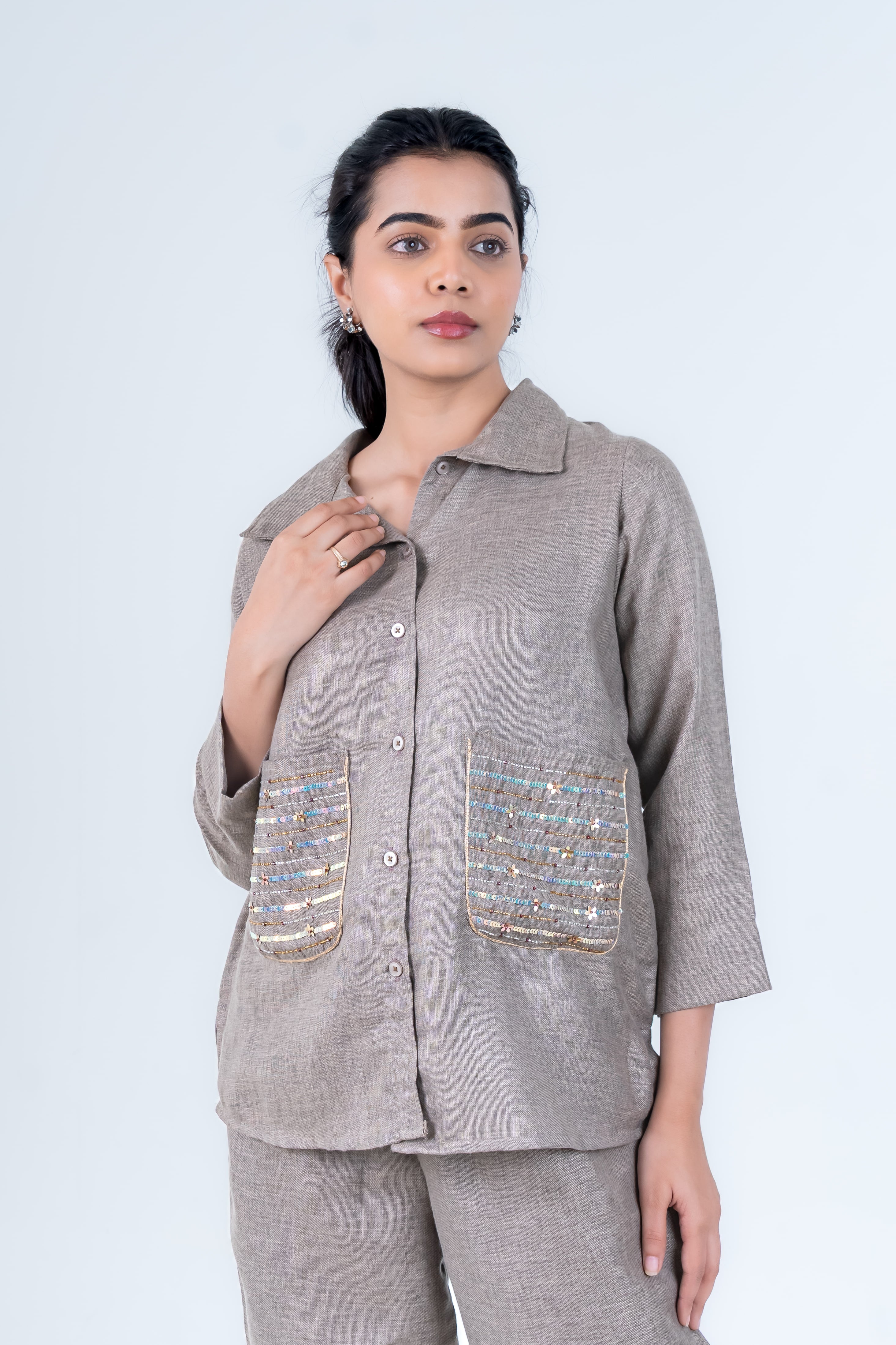 Grey Linen Co-Ord with Sequin Embroidery